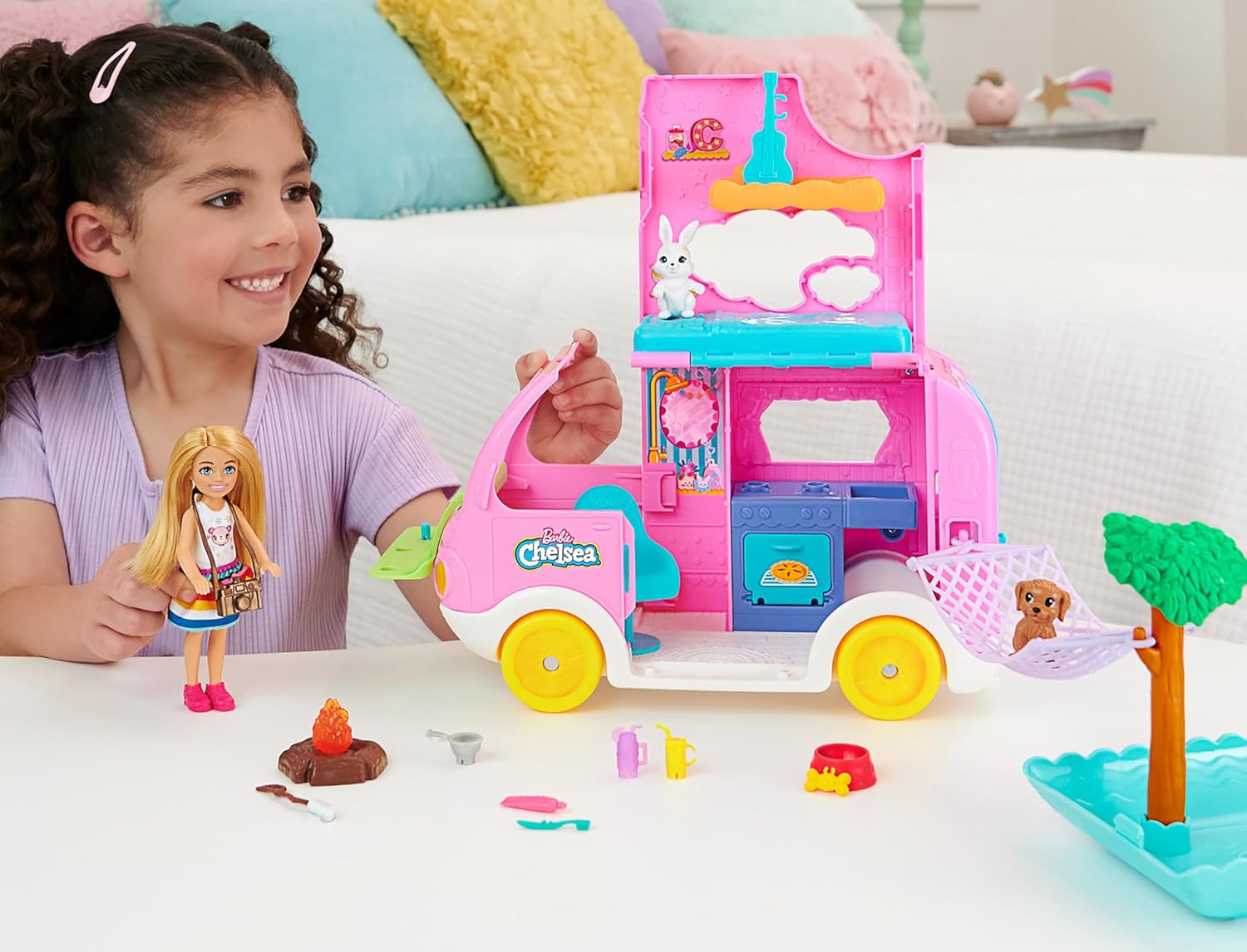 Barbie Camper, Chelsea™ 2-in-1 Playset with Small Doll, 2 Pets & 15 Accessories, Vehicle Transforms into Camp Site