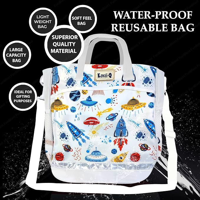 Kawaii-Q Space Print Colorful Multi-Purpose Hand Bag – Lunch Bag, Tuition Bag, Fashion Travel Bag with Handle Strap, Water-Proof Reusable Bag