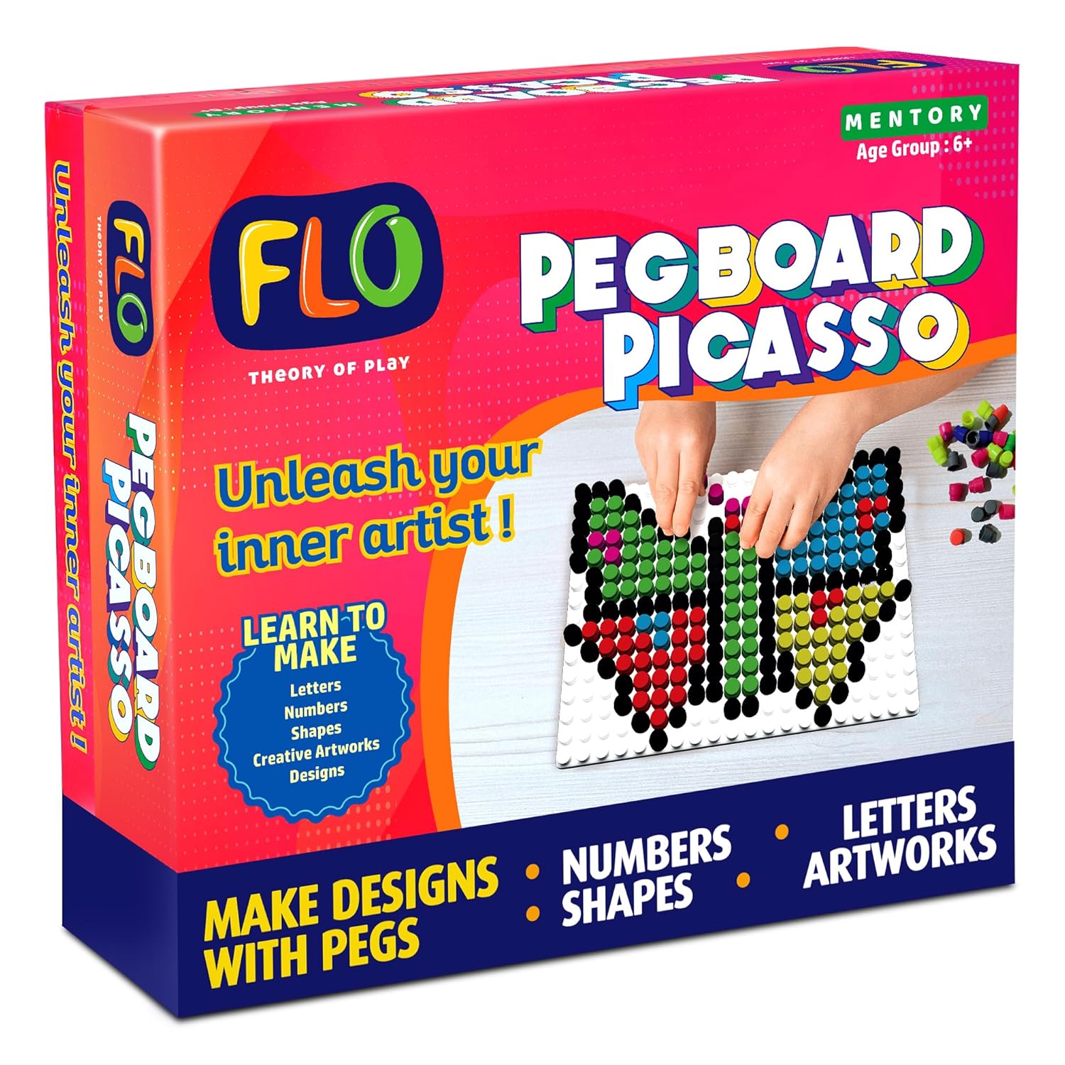Flo Toys Pegboard Picasso – 600 Pegs Montessori Sensory Puzzle Game for Kids | STEM Educational Toy for Brain Development | DIY Craft Board for Learning Alphabet, Numbers, Shapes & Patterns | Ages 6+