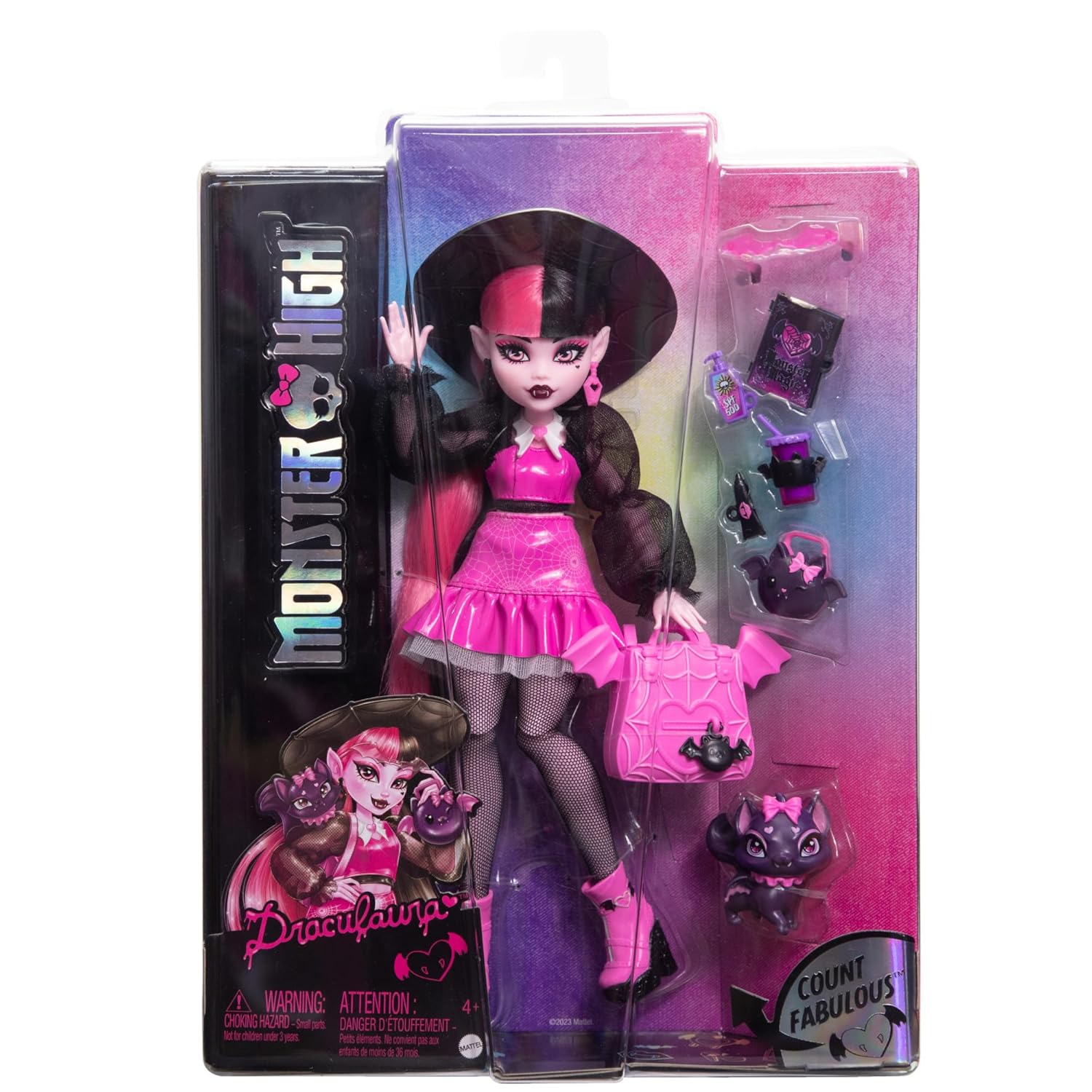 Monster High Draculaura Doll with Pet Bat-Cat Count Fabulous and Accessories Like Backpack, Spell Book, Bento Box and More