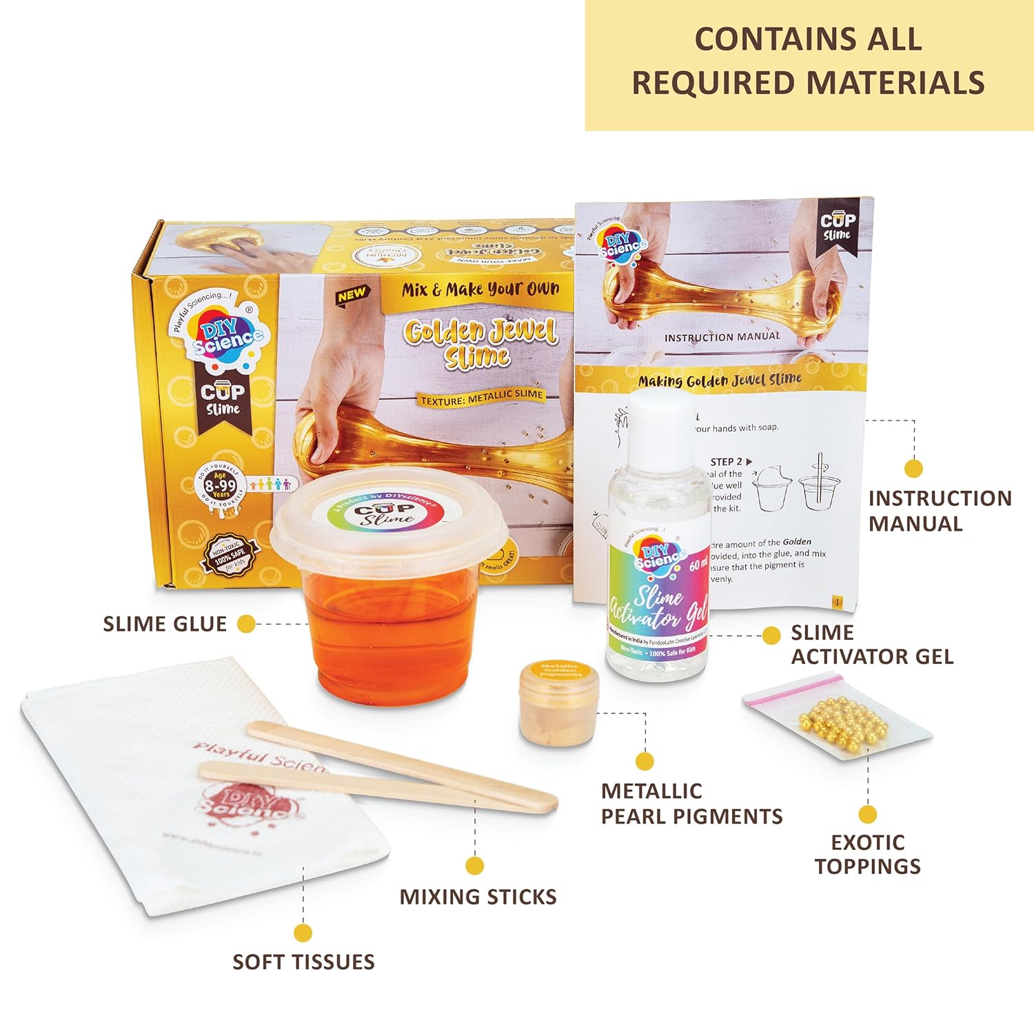 DIYScience Golden Jewel Slime Kit, Slime Making Kit, 8+ Years, Make Shiny & Stretchy Metallic Slime, Scented Slime Glitter Glue, Activator Gel, Golden Pigment, Golden Bead Toppings