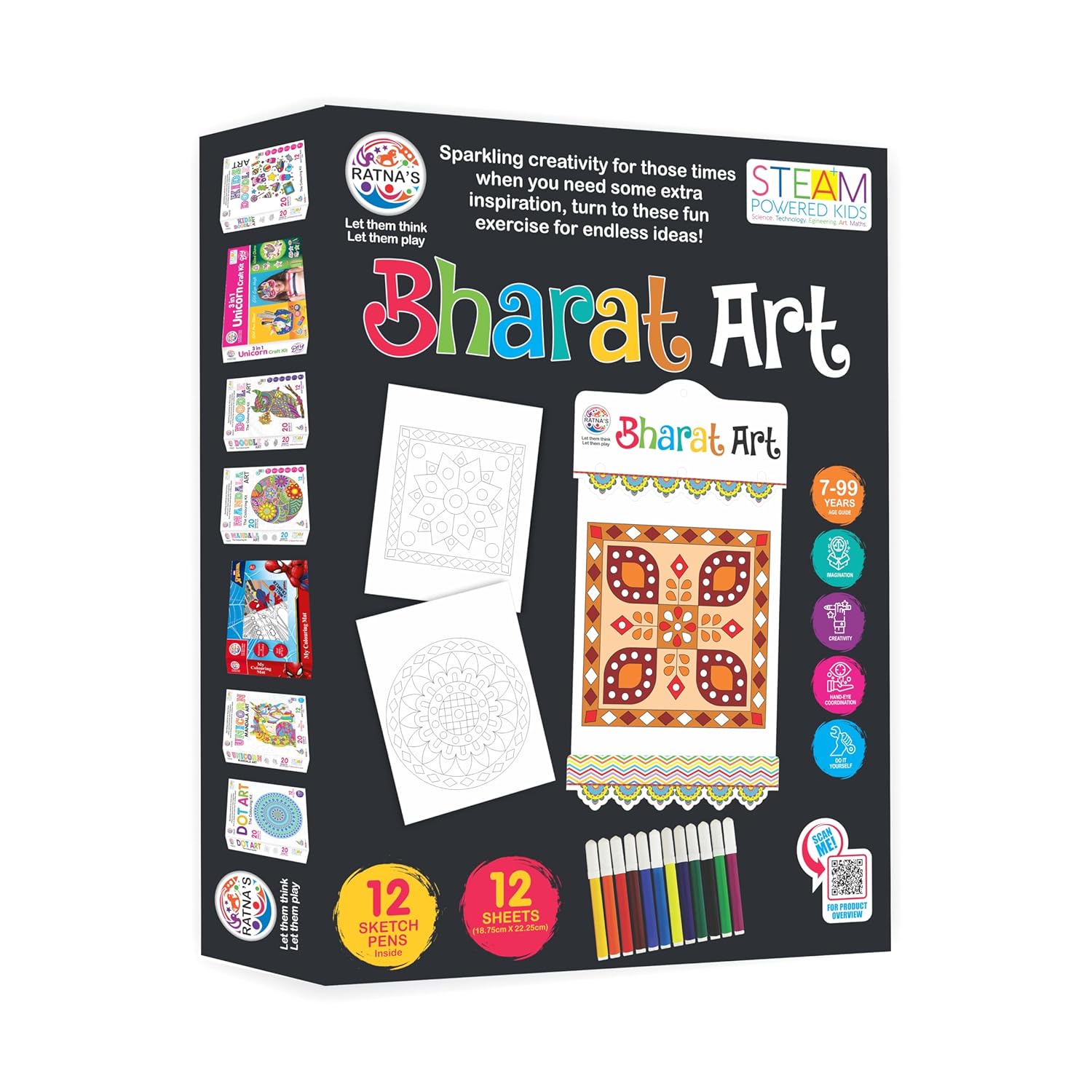 Ratna's Bharat Art Coloring Kit - 12 Sheets (18.75 x 22.25 cm) with 12 Sketch Pens, 2 Hanging Frames & 130+ Silver Stickers - Multicolor