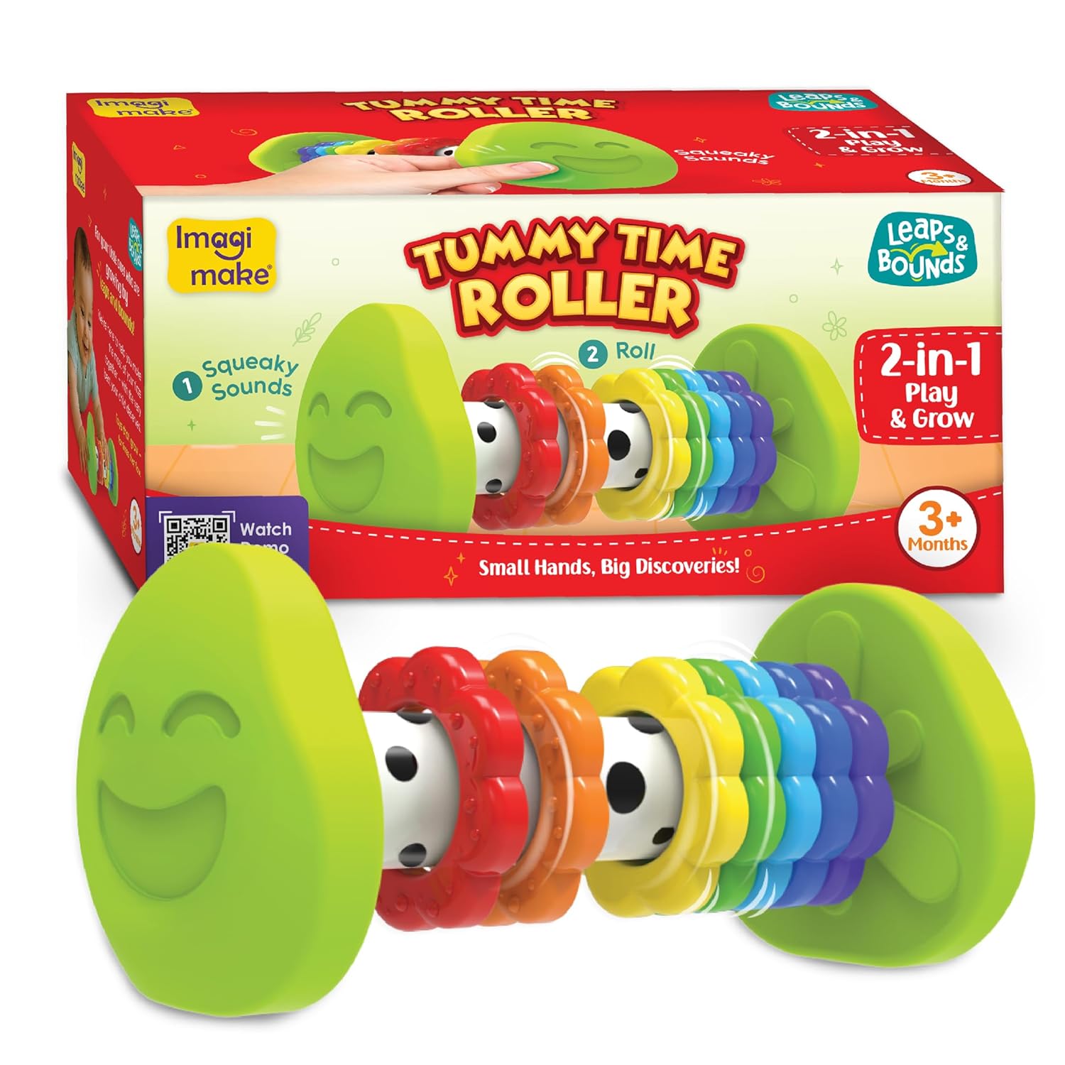Imagimake Tummy Time Roller | Leaps & Bounds Baby Toys for 3+ Months |Toy for Toddlers, Infants | 2-in-1 Play & Grow - Squeaky Sounds | Non- Toxic | New Born Baby Gifts for 3+Months