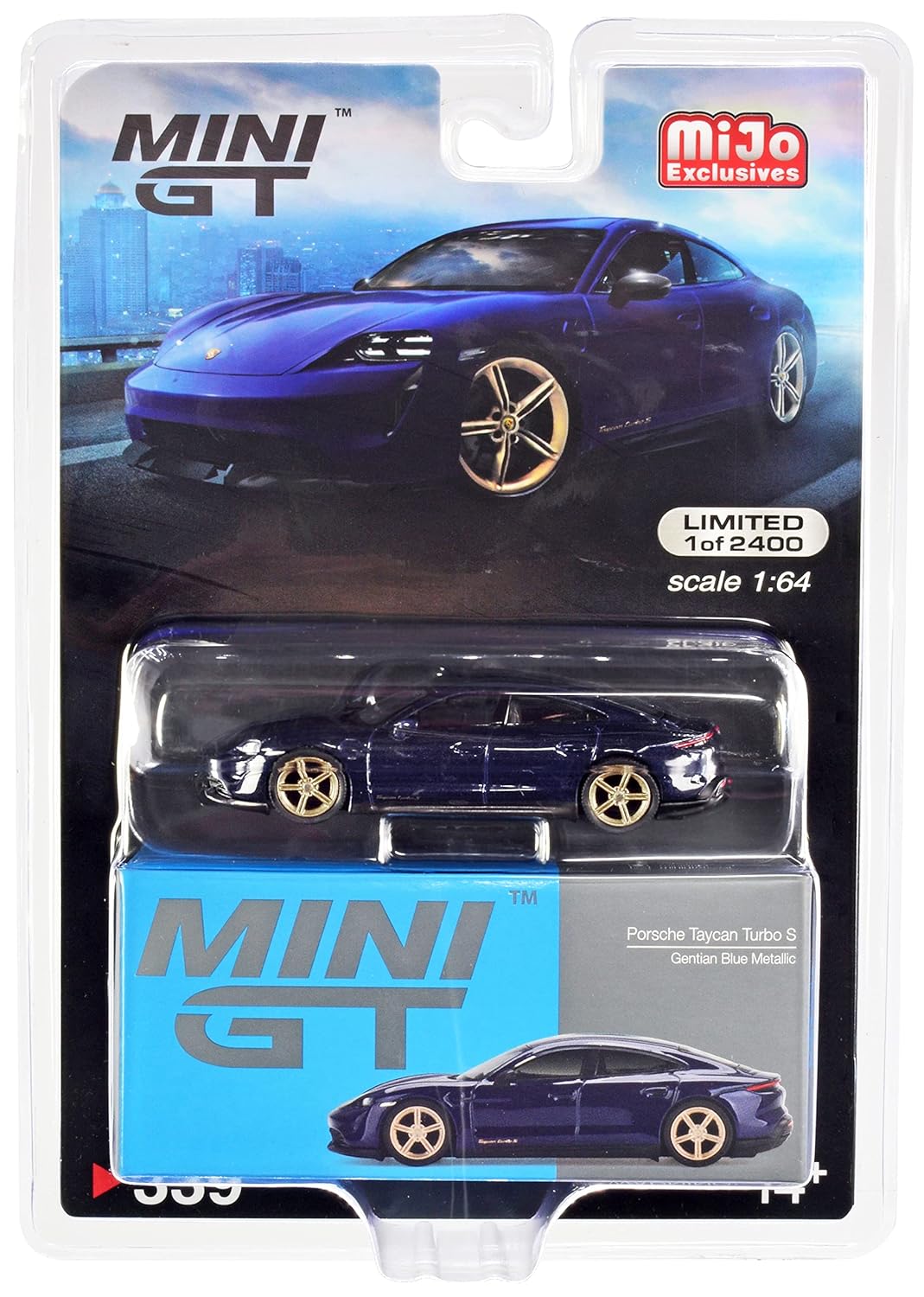 MINI GT Porsche Taycan Turbo S (Gentian Blue Metallic) - MiJo Exclusives Limited Edition (1 of 2400)
