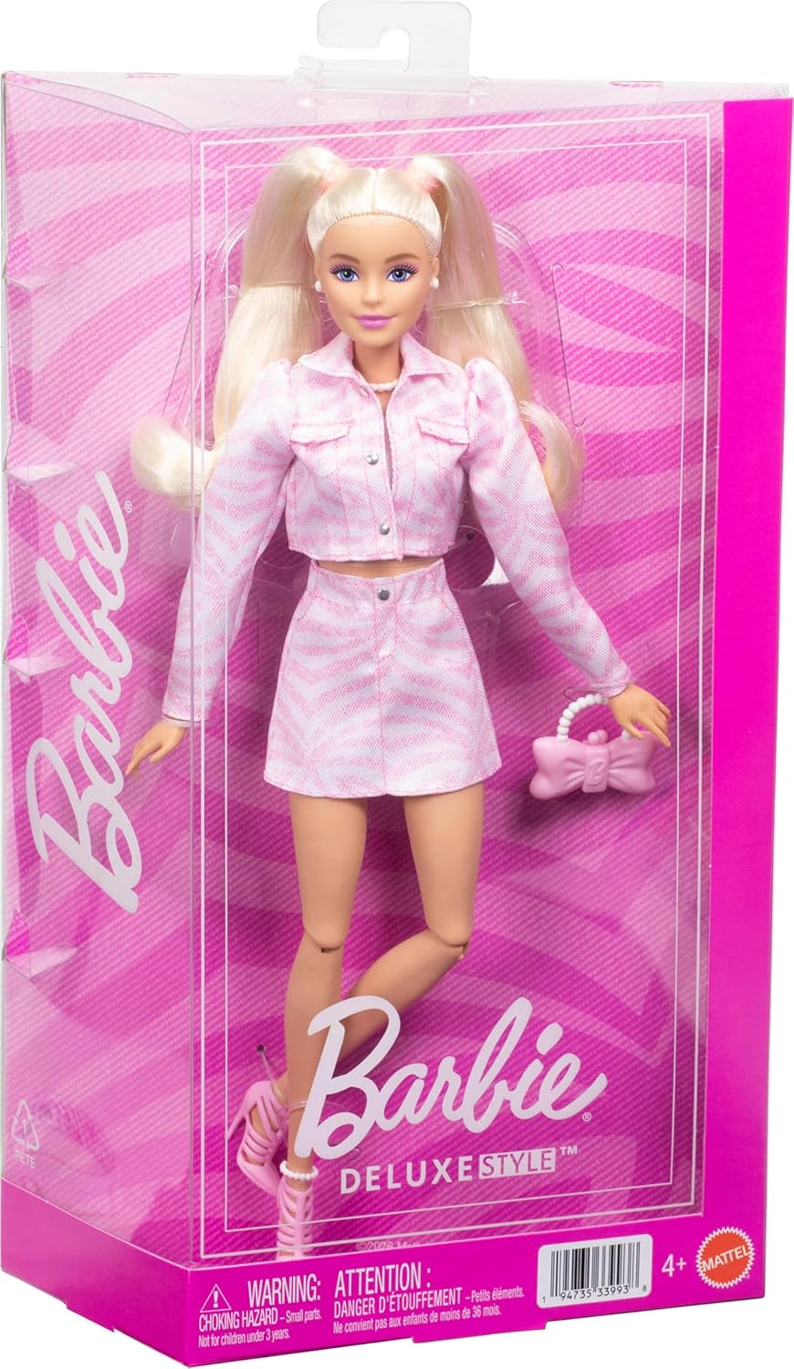 Barbie Deluxe Style Doll #9 in Pink Denim Outfit, Blonde Hair, Matching Jacket and Skirt Set with Accessories Like Bow Clutch and Pearly Jewelry