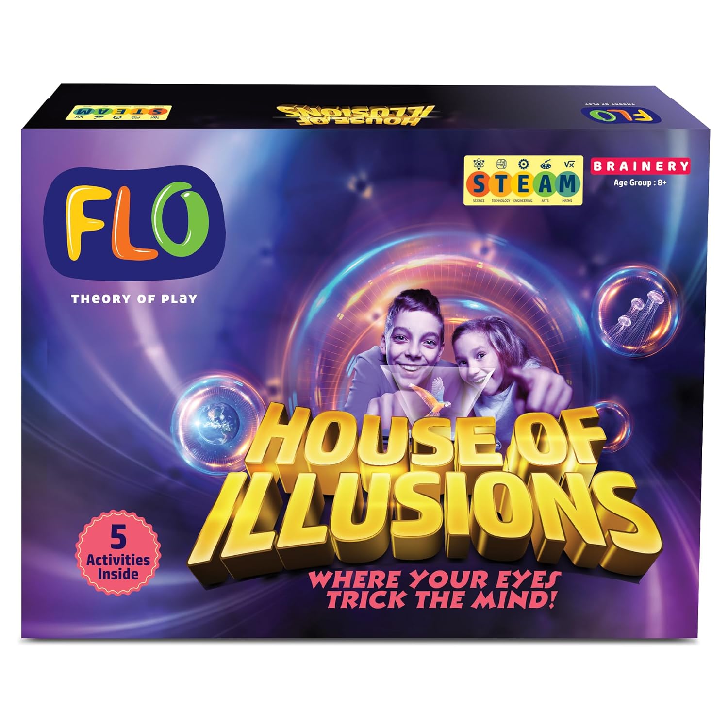 FLO House of Illusions 5-in-1 STEM Science Activity Toy Kit for Kids | DIY Kaleidoscope, Hologram Projector, Mini Hologram Theater, Thaumatrope Spinner, Ames Window | Learning Toy Set with Mirrors