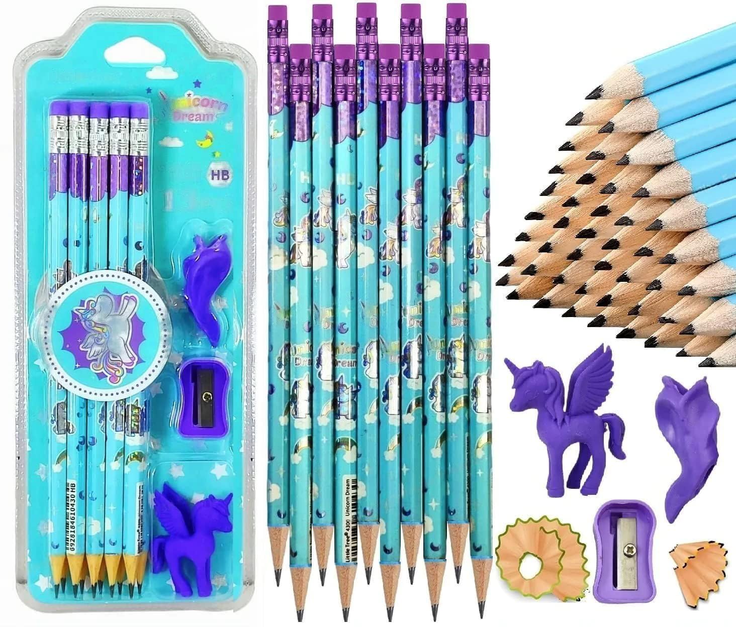 Unicorn Dream Stationery Set for Kids & Students – Includes 10 Pencils, 1 Sharpener, 1 Eraser, 1 Pencil Grip