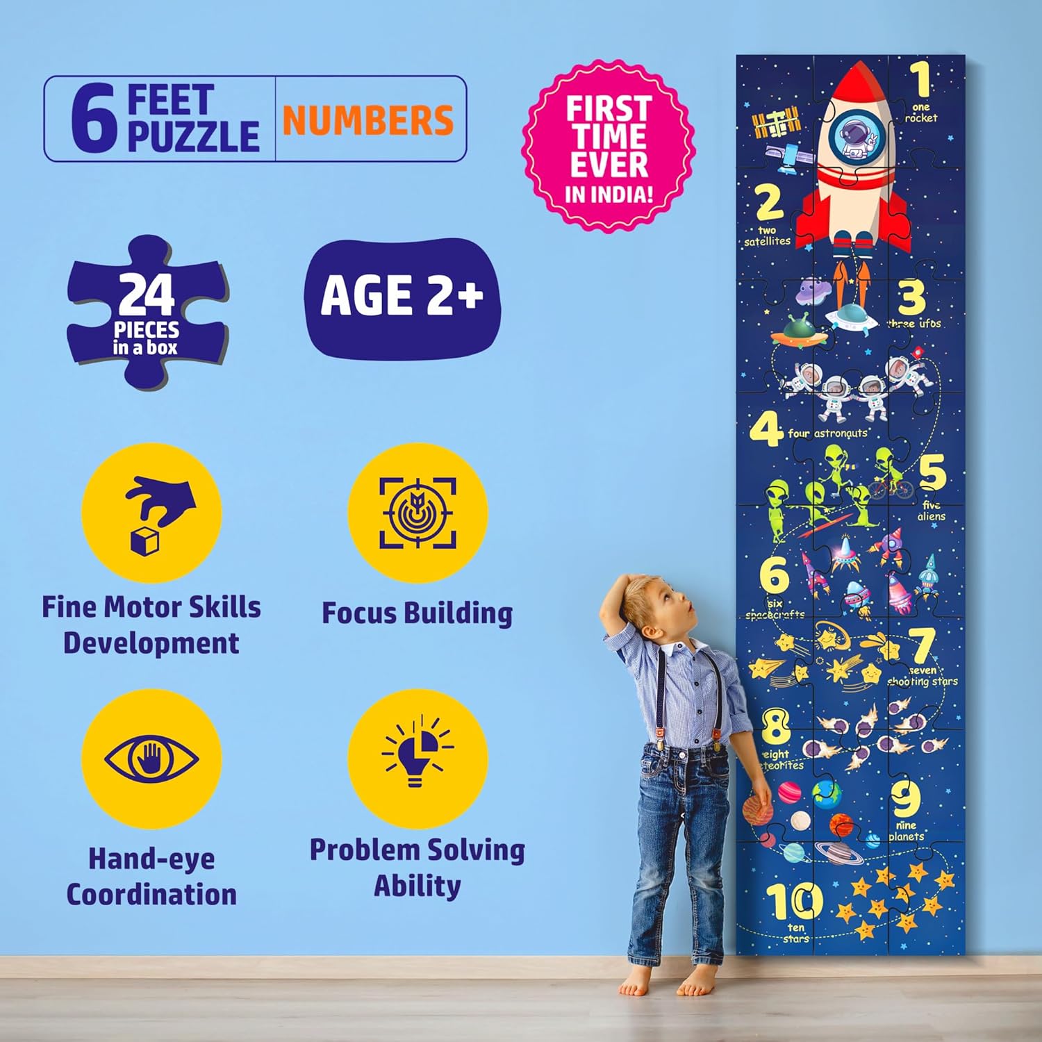FLO Toys 6 Feet Numbers Floor Puzzle for Kids | 24 Jumbo Pieces | Learn 123 Counting with Space Theme – Astronauts, Planets, Rockets & Stars | Educational Puzzle for Toddlers & Preschoolers Ages 2+