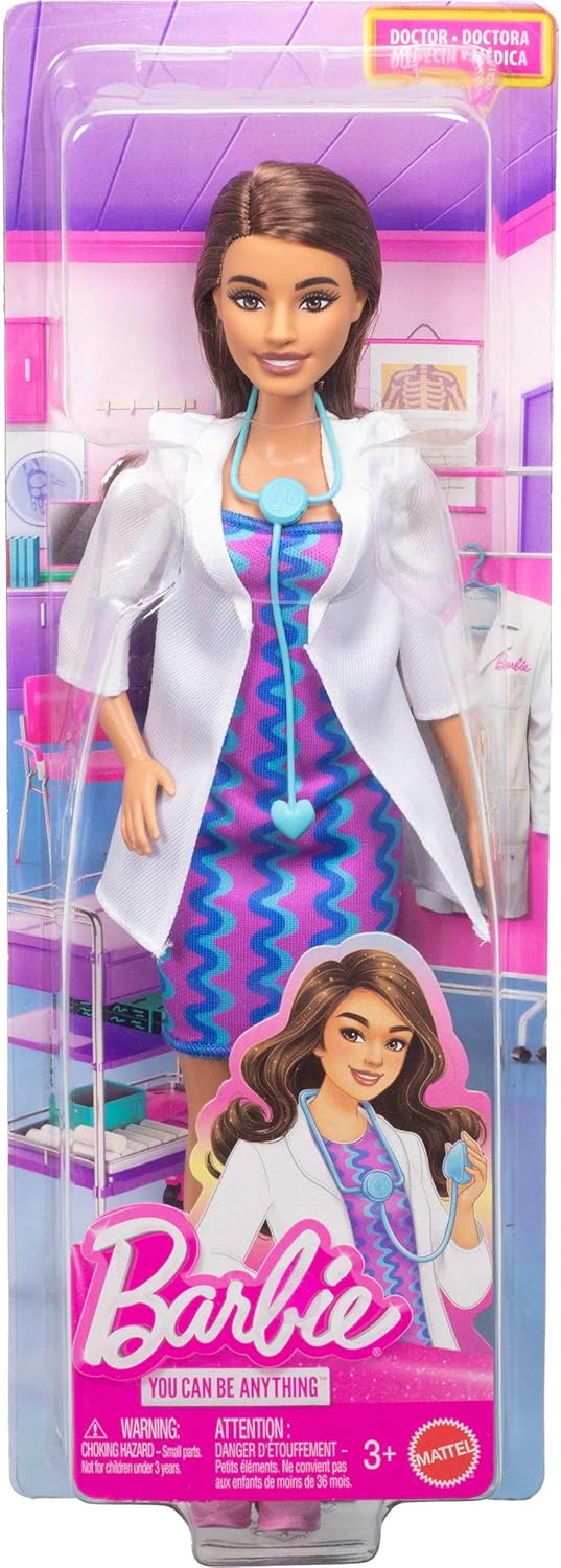 Barbie Careers Doctor Fashion Doll Wearing Removable Look with White Coat, Dress & Shoes, Plus Stethoscope Accessory