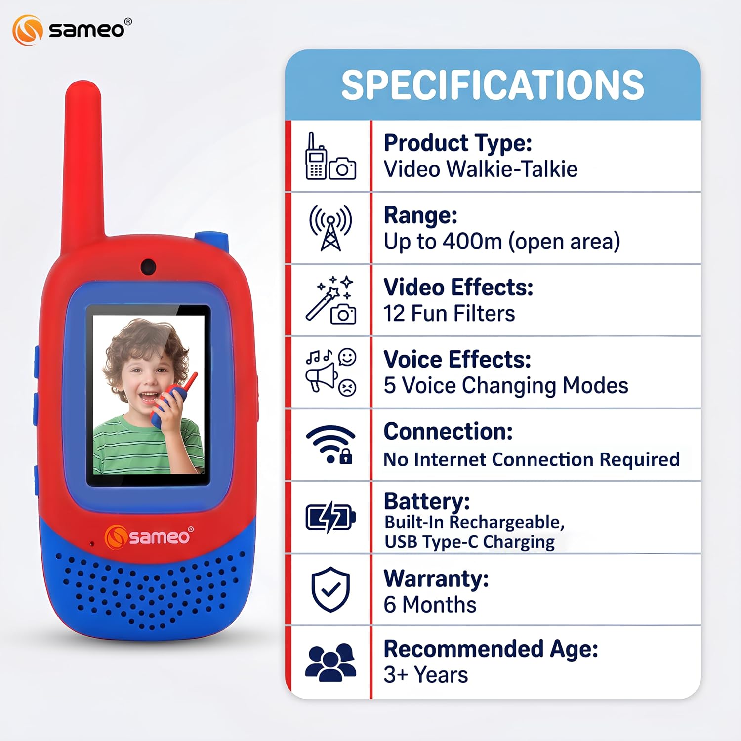 Sameo Video Walkie Talkies for Kids | Video & Voice Calling | 300-400m Range | 2" HD Screen | 12 Funny Video Filters | 5 Voice Changing Effects | No Internet Required | Rechargeable