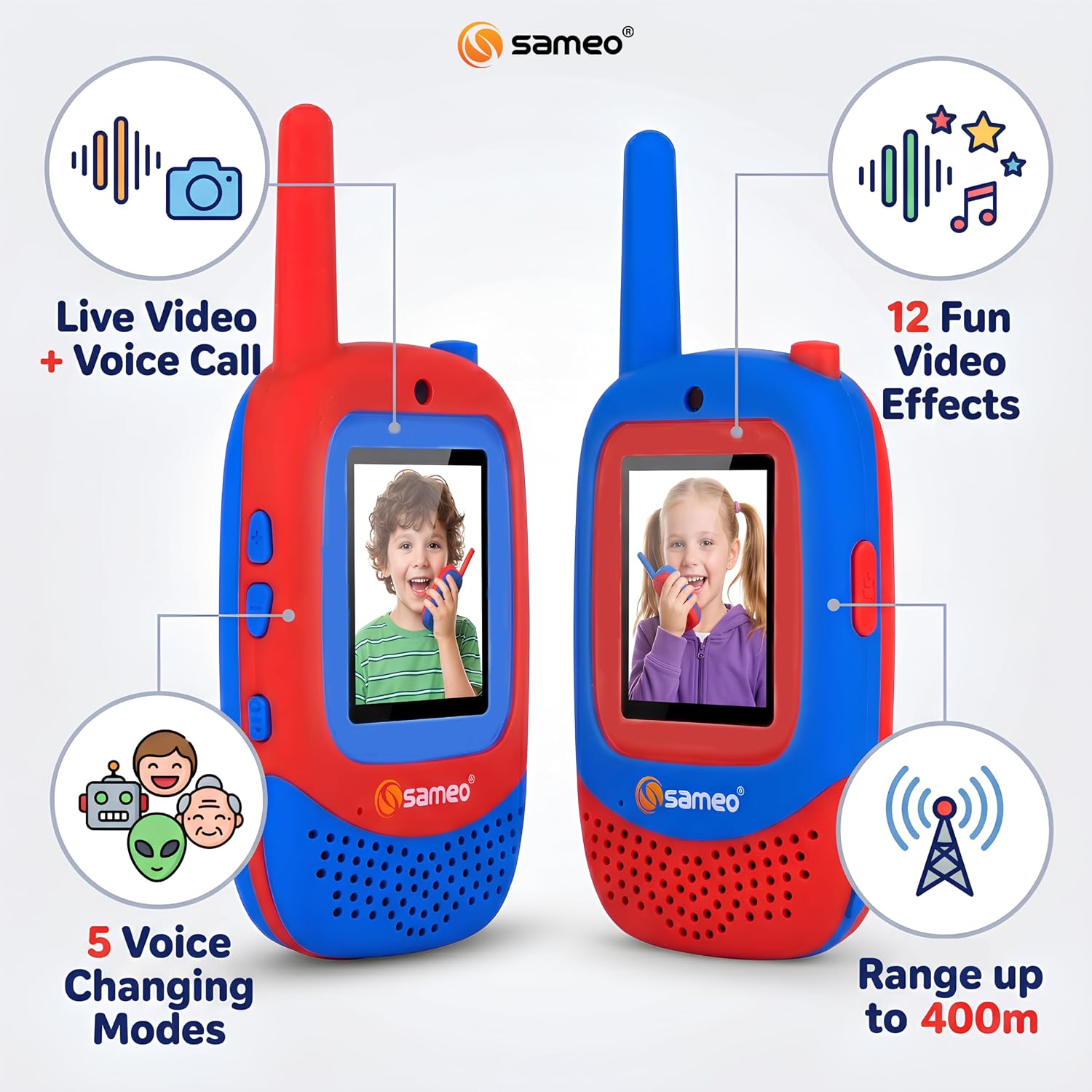 Sameo Video Walkie Talkies for Kids | Video & Voice Calling | 300-400m Range | 2" HD Screen | 12 Funny Video Filters | 5 Voice Changing Effects | No Internet Required | Rechargeable