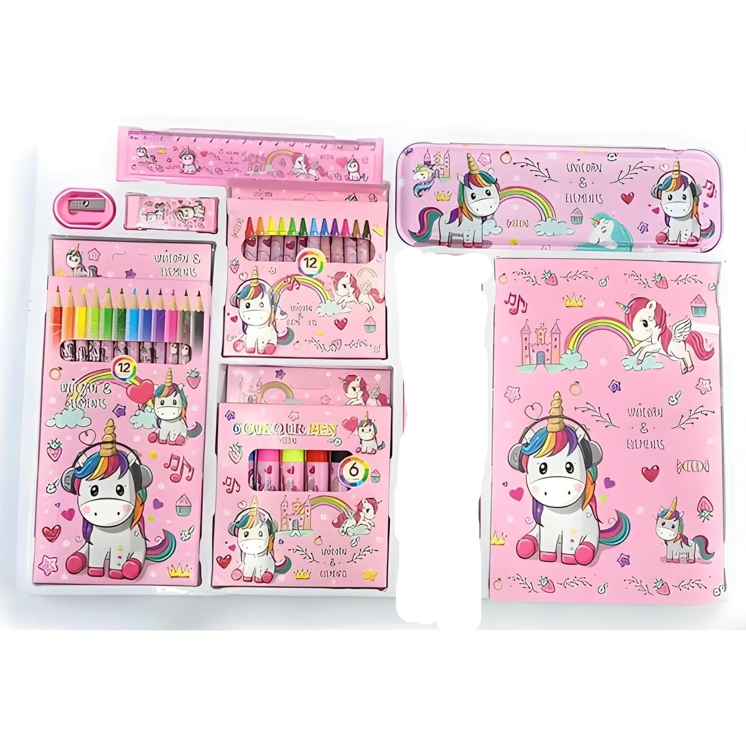 Assorted Theme All-in-One Stationery Set, Stationery Items with Pencil Box, Notebook, Scale, Eraser, Sharpener, Crayons, Color Pencils, Color Pens, Pencils for Kids