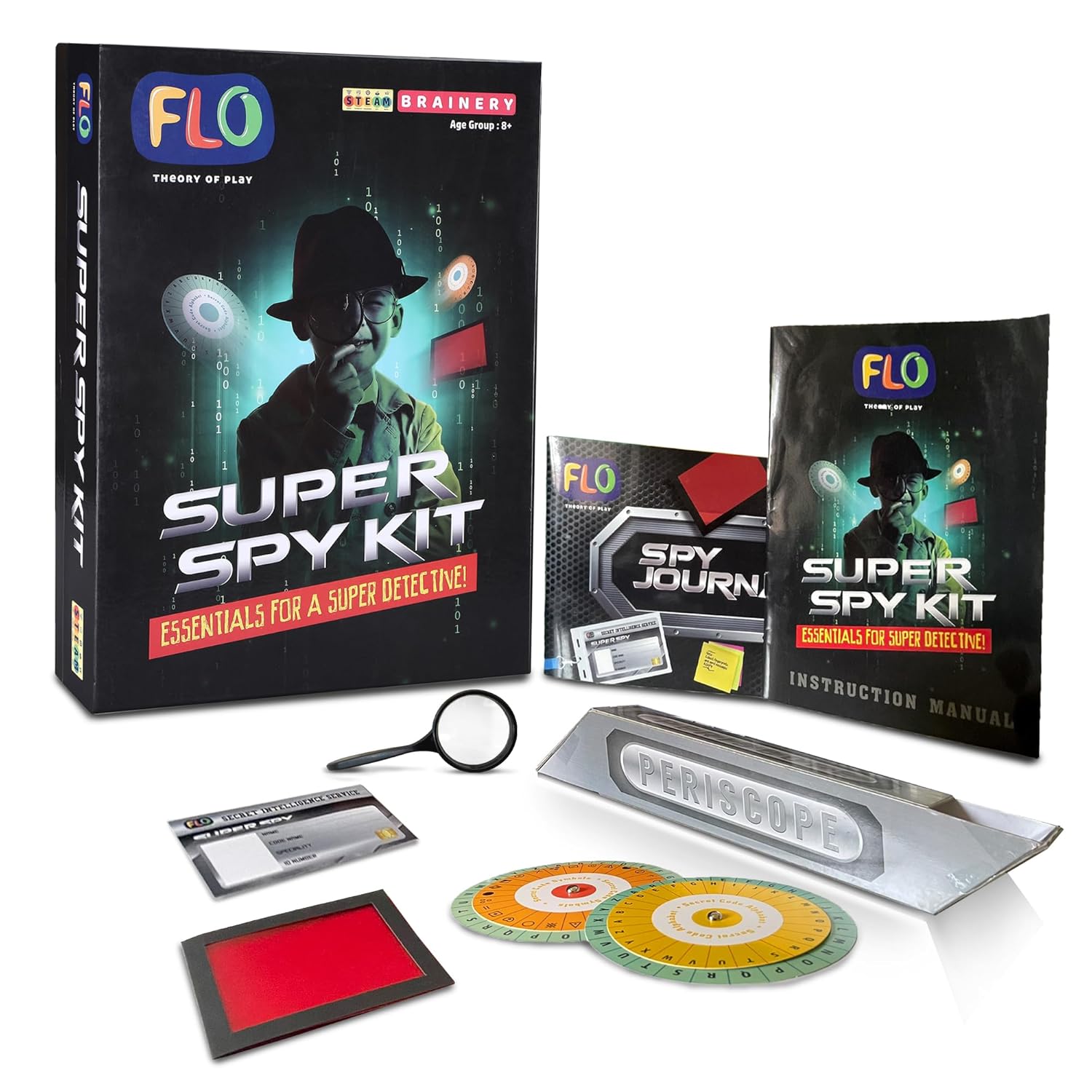 FLO Super Spy Kit for Kids | STEM Detective Gadget Toy | Build Periscope, Fingerprint Kit, Cipher Decoder, Spy Tools | Secret Agent DIY Craft Mission Game Set for Boys & Girls Ages 8+