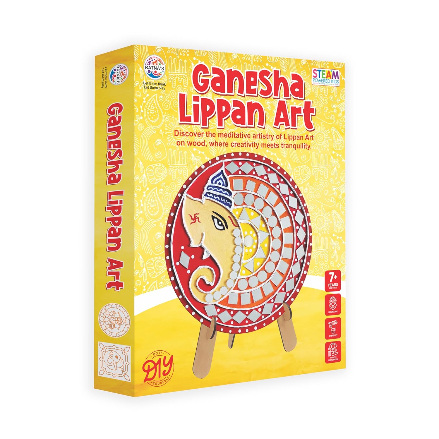 RATNA'S Ganesha Lippan Art DIY Craft Kit, 6 Wooden Art Pieces, Mirror Work Set with Colors, Frames, for Kids & Adults 7+ Years