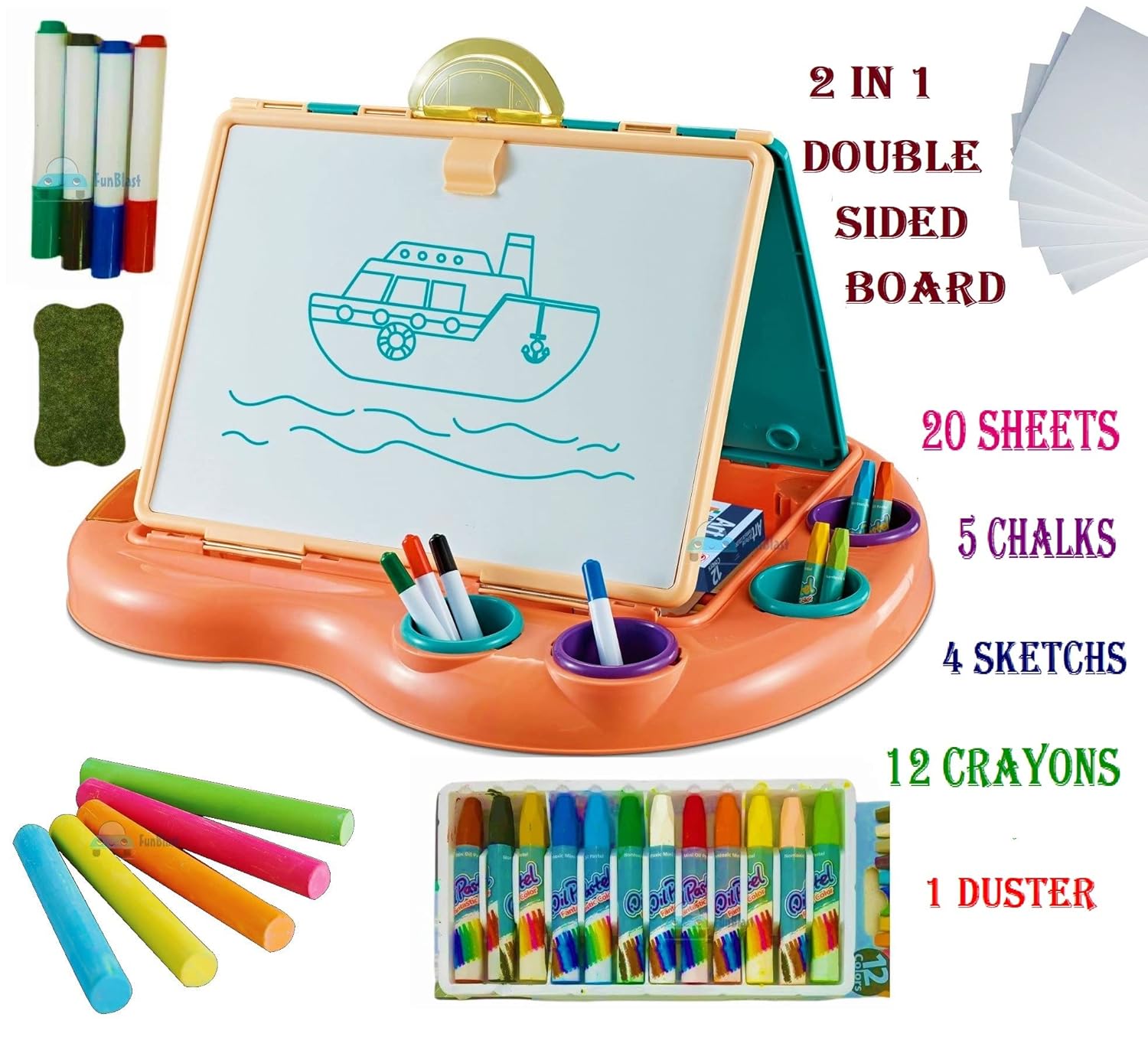 2-in-1 Multifunctional Whiteboard and Blackboard Slate for Kids - Learning Toy with Colors & Stationary Items for Kids School Supplies