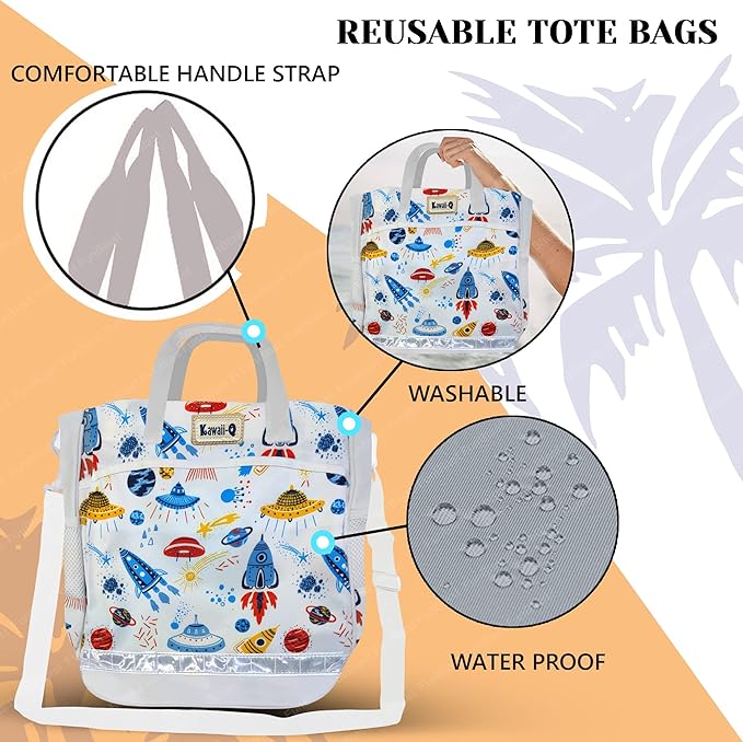 Kawaii-Q Space Print Colorful Multi-Purpose Hand Bag – Lunch Bag, Tuition Bag, Fashion Travel Bag with Handle Strap, Water-Proof Reusable Bag