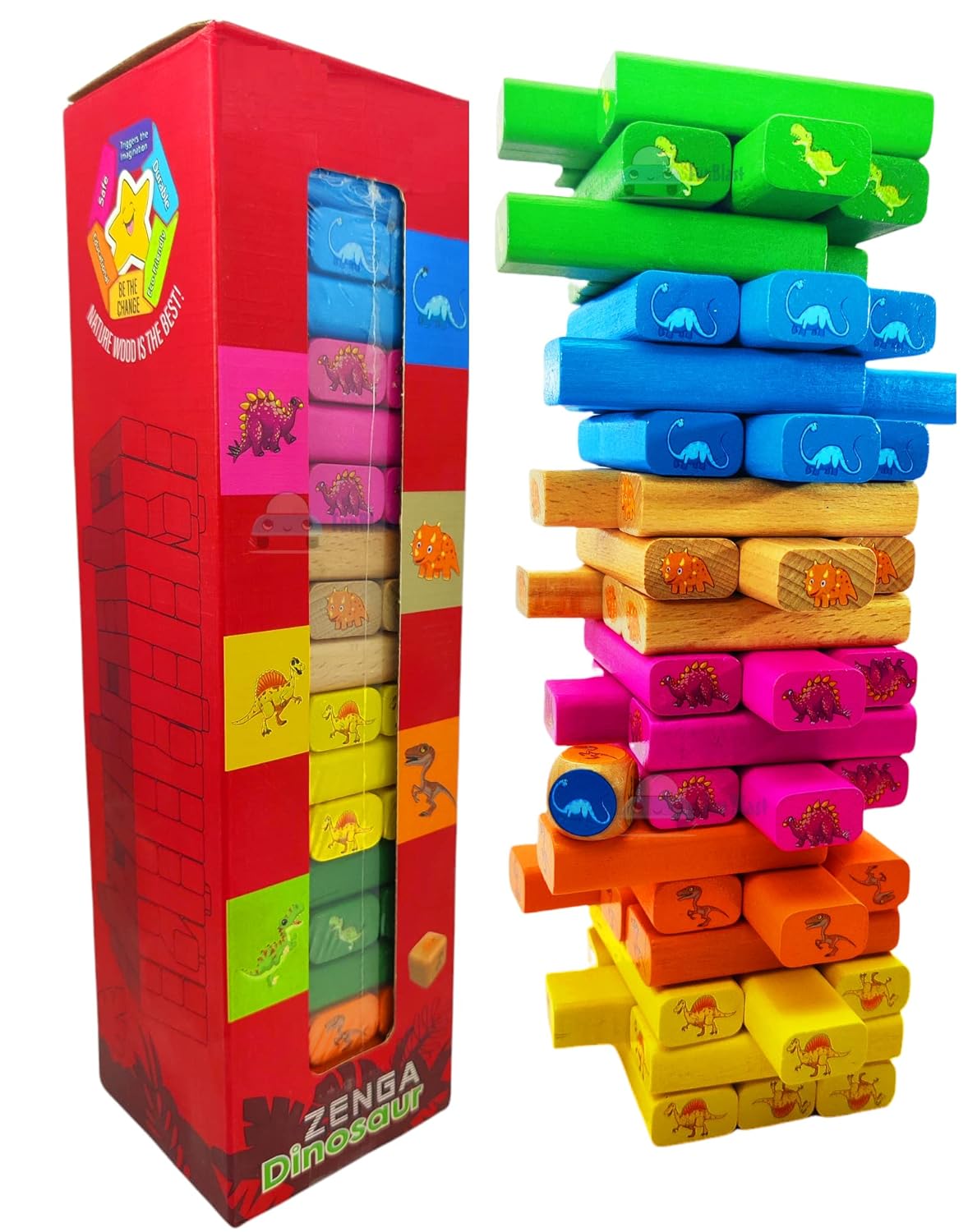 Wooden Unicorn/Dinosaur Tower Game: Tumbling Blocks Set with 54 Pieces
