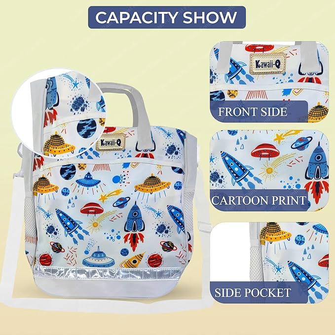 Kawaii-Q Space Print Colorful Multi-Purpose Hand Bag – Lunch Bag, Tuition Bag, Fashion Travel Bag with Handle Strap, Water-Proof Reusable Bag