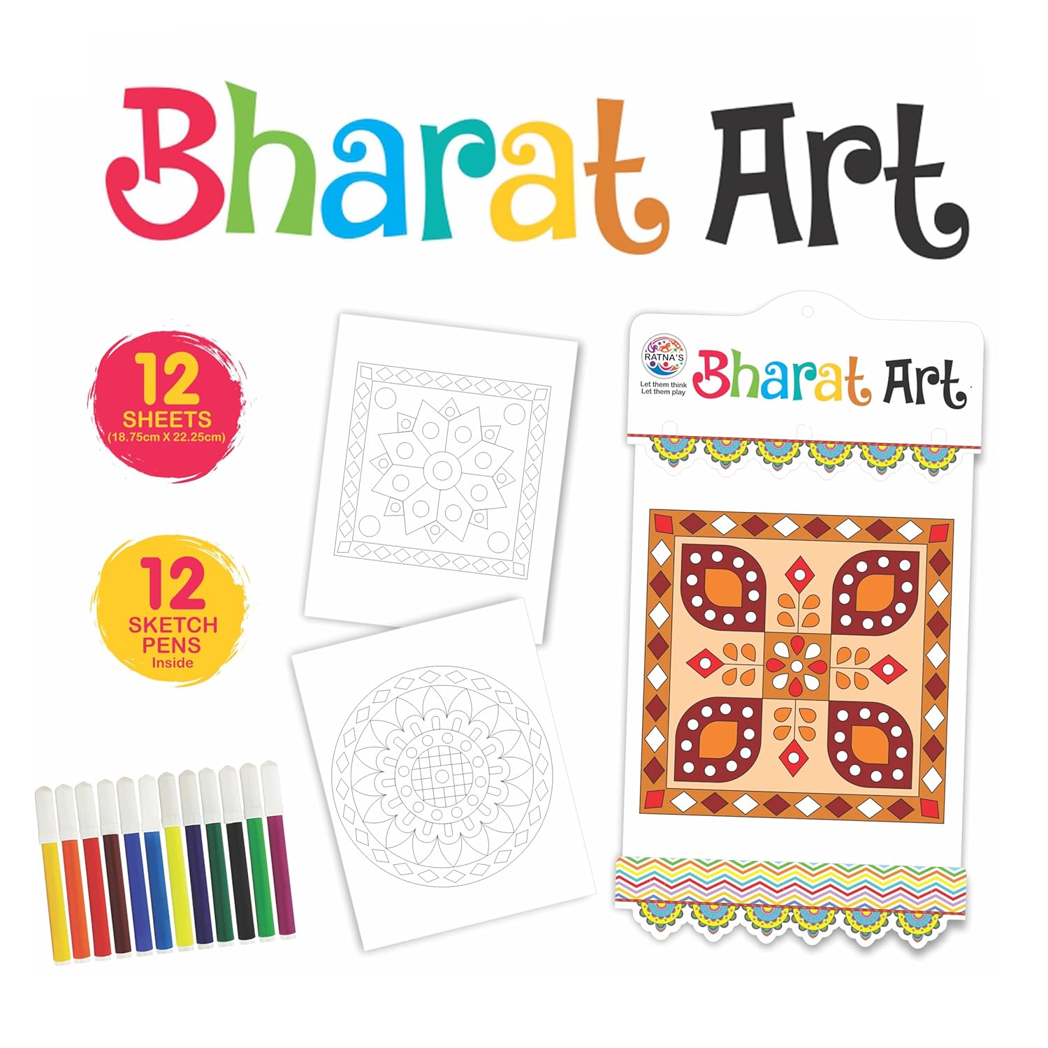 Ratna's Bharat Art Coloring Kit - 12 Sheets (18.75 x 22.25 cm) with 12 Sketch Pens, 2 Hanging Frames & 130+ Silver Stickers - Multicolor