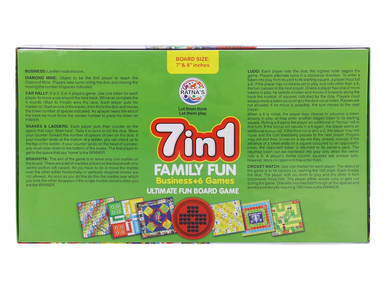 Ratna's 7 in 1 Family Board Game, Ludo, Snakes & Ladders, Business, Car Rally, Diamond Mine, Cricket