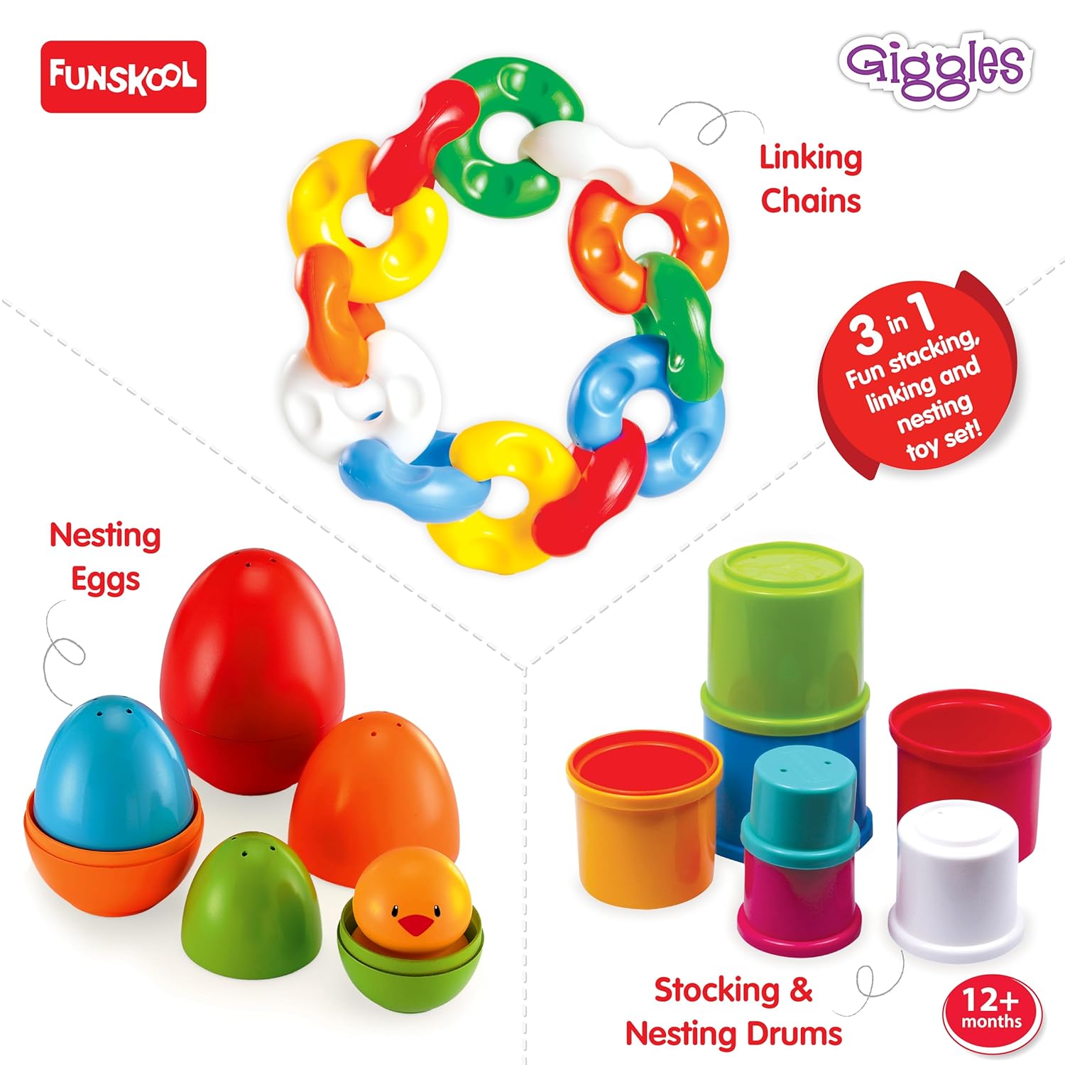 Giggles Funskool - Link Stack N Nest Toy Set, Blocks, Nesting Toy for Kids, Multicolour 3 in 1 Gift Set, Develops Motor Skills, 6 Months & Above, Infant and Preschool Toys