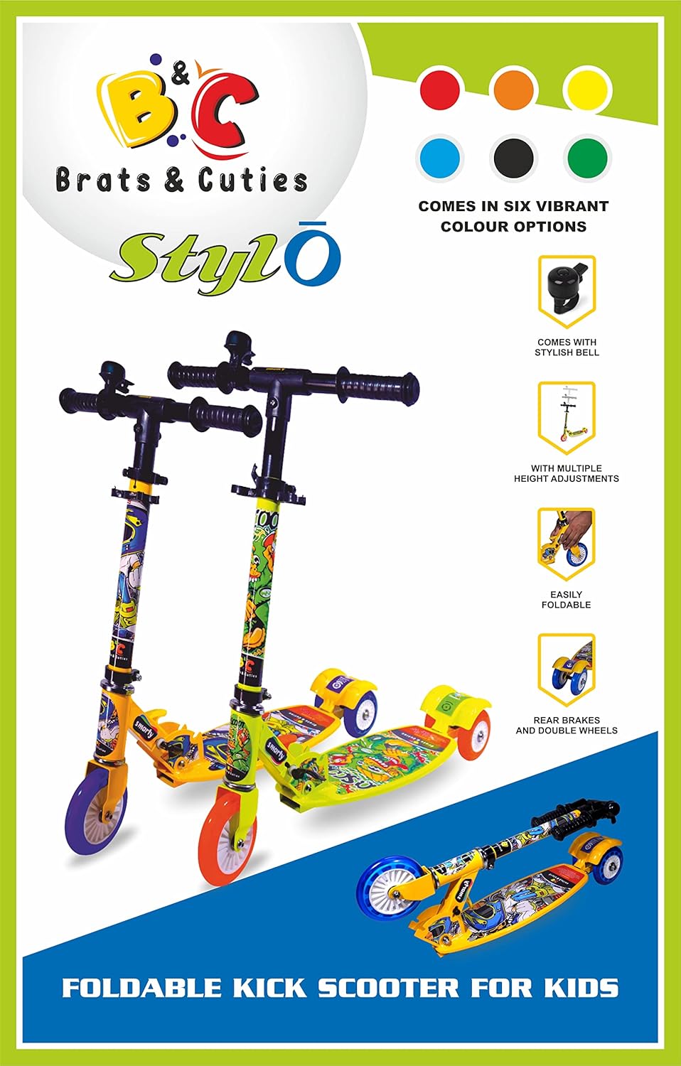 Brats & Cuties Road Runner Stylo Scooter for Kids of 3 to 14 Years Skating Kids Kick Scooters with Weight Capacity utpo 35Kgs (Black)