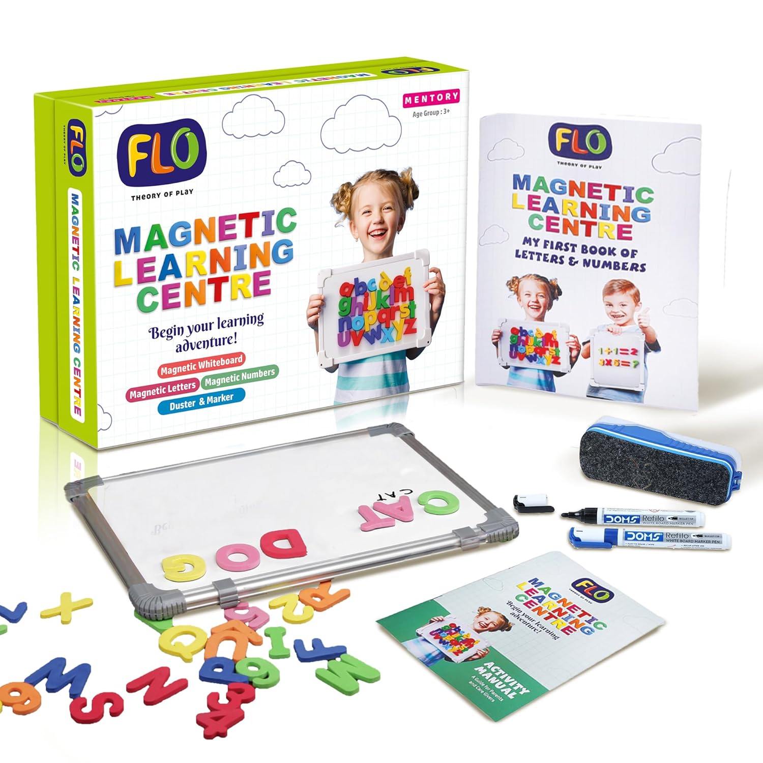 FLO Toys Magnetic Alphabets for Kids Learning and Number Brain Game Activity with Board, 3 in 1 Magnetic Letters & Numbers Educational Toy Kit, Preschool Toy for Age 3+
