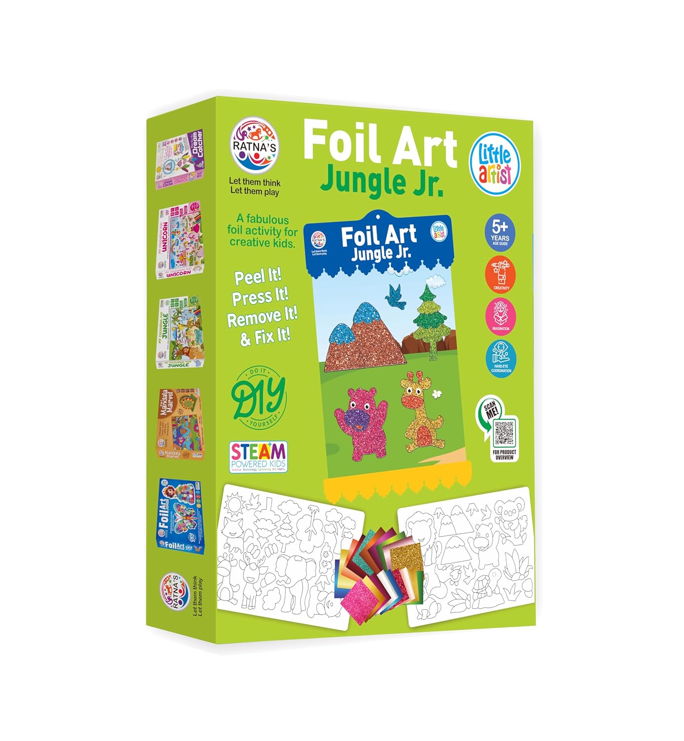 Ratna Foil Art Jungle Junior Craft Kit, STEAM Powered Art & Craft Kit, Foil Fun Mess Free Creative Activity DIY Kit for Kids