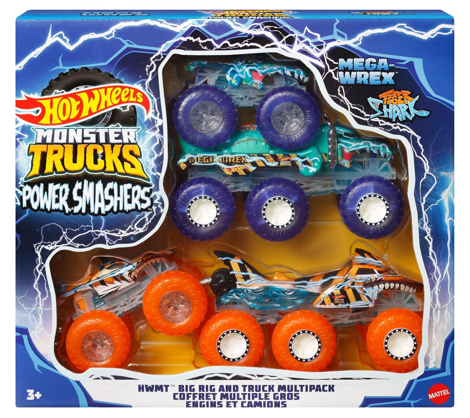 Hot Wheels Monster Trucks Power Smashers Set – Mega-Wrex & Tiger Shark with Trailers (1:64 Scale, HYJ29)