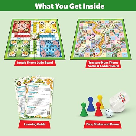 Little Berry LB52 Ludo and Snakes and Ladders Board Game for Kids - Jungle Adventure Theme - Multicolor