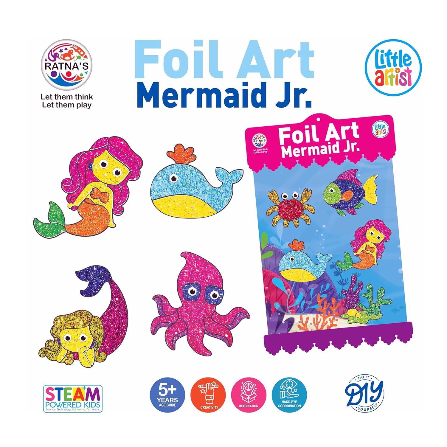 Ratna Foil Art Mermaid Junior Craft Kit, STEAM Powered Art & Craft Kit, Foil Fun Mess Free Creative Activity DIY Kit for Kids
