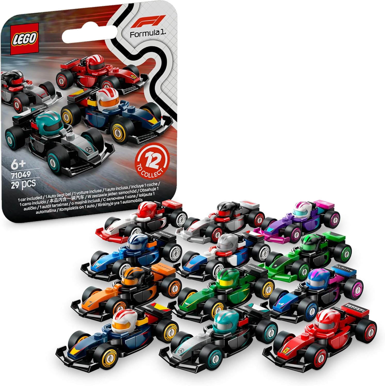 LEGO F1 Collectible Race Cars Toys - Get 1 of 12 Mini Car Models with Drivers Helmets & Moving Wheels - Formula 1 Teams - 71049
