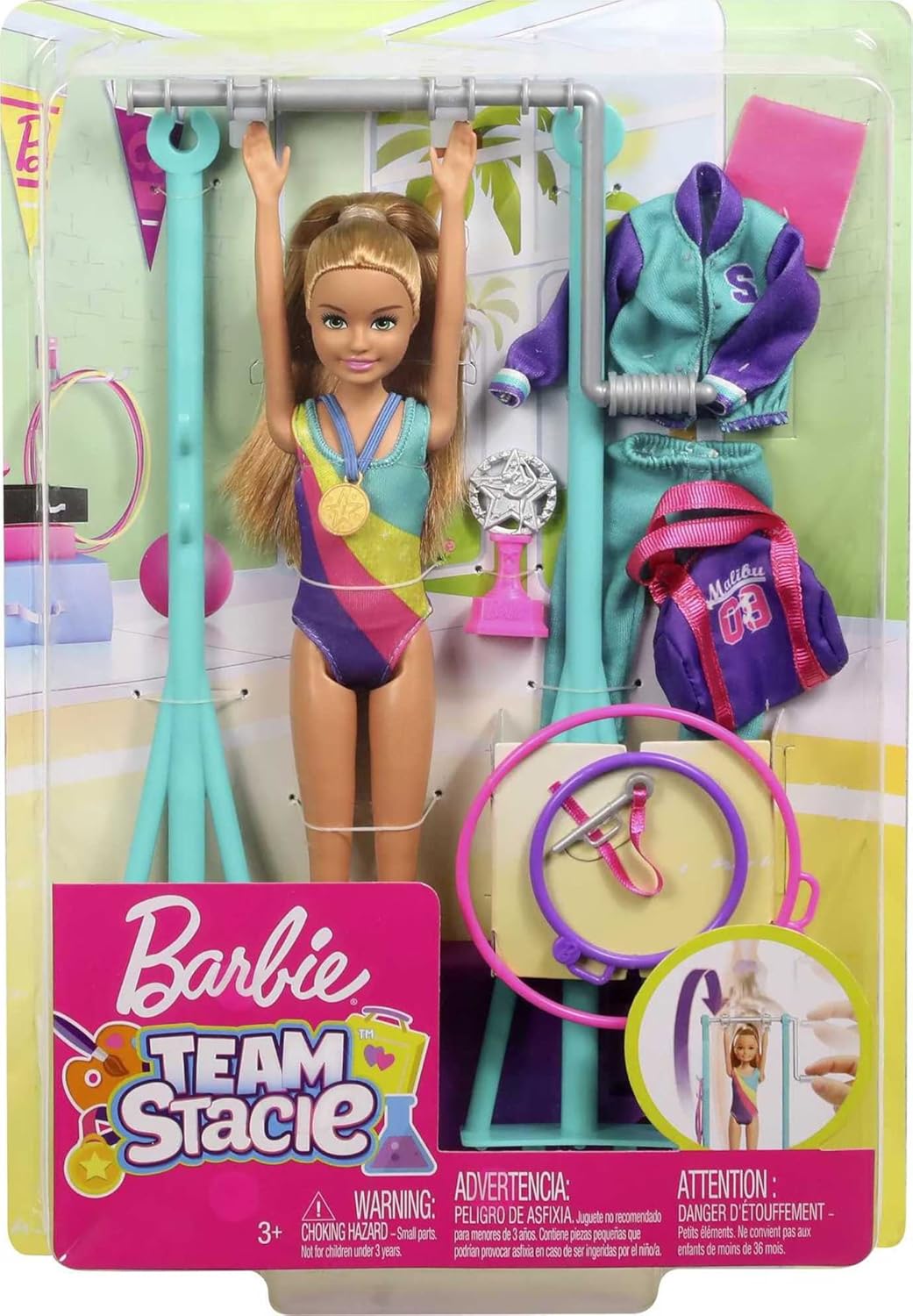 Mattel Barbie Team Stacie™ Doll and Gymnastics Playset with Spinning Bar and 7 Themed Accessories for 3 to 7 Year Olds