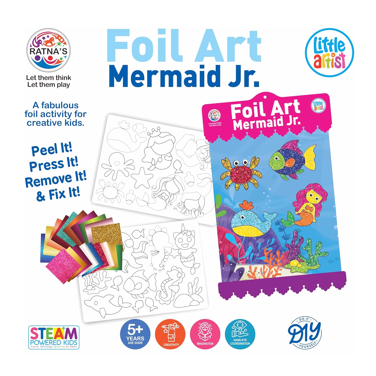 Ratna Foil Art Mermaid Junior Craft Kit, STEAM Powered Art & Craft Kit, Foil Fun Mess Free Creative Activity DIY Kit for Kids