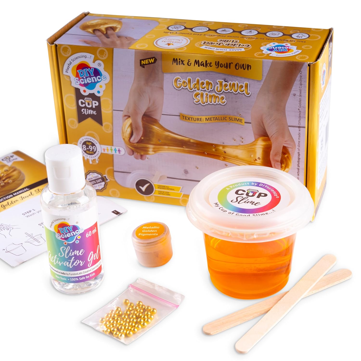 DIYScience Golden Jewel Slime Kit, Slime Making Kit, 8+ Years, Make Shiny & Stretchy Metallic Slime, Scented Slime Glitter Glue, Activator Gel, Golden Pigment, Golden Bead Toppings
