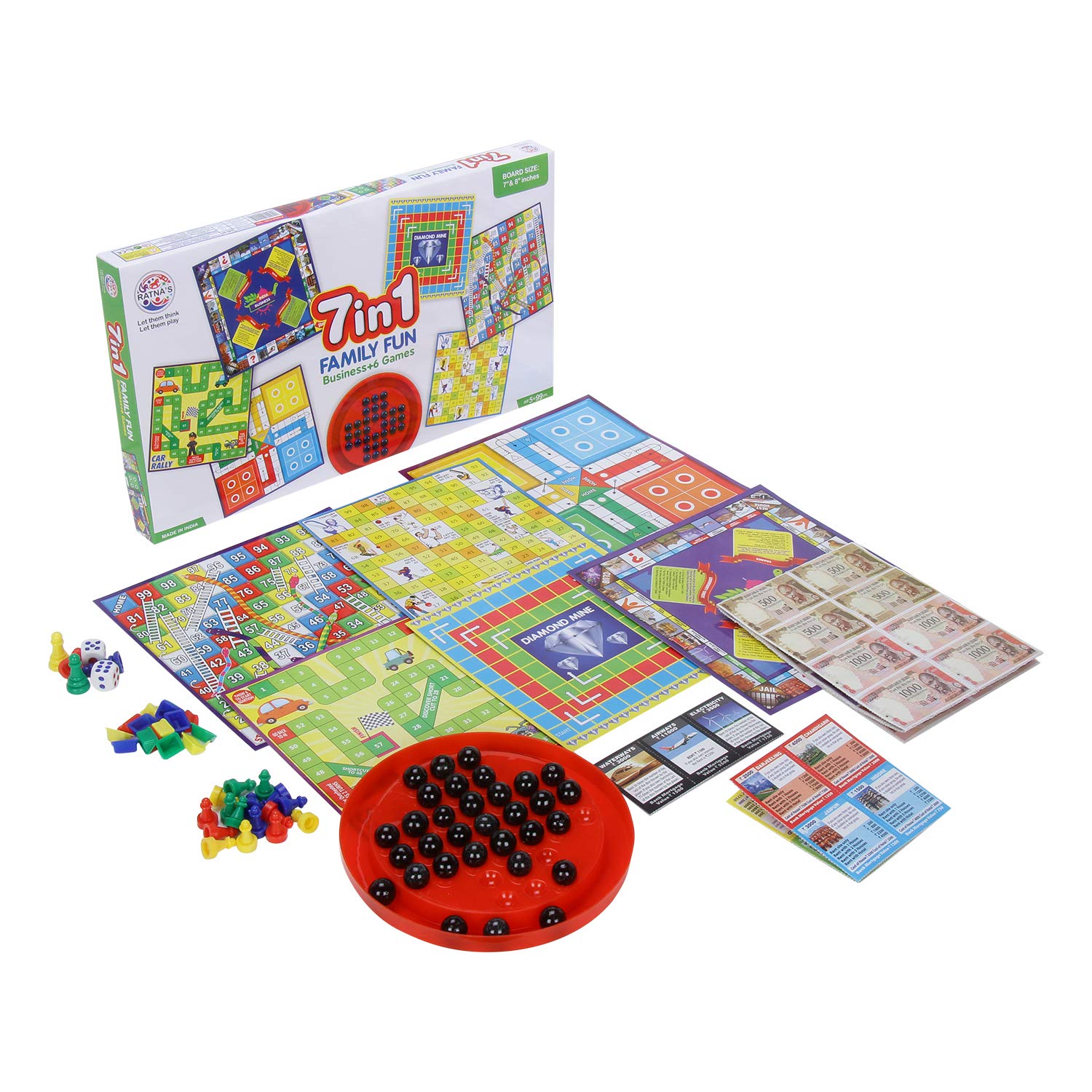 Ratna's 7 in 1 Family Board Game, Ludo, Snakes & Ladders, Business, Car Rally, Diamond Mine, Cricket