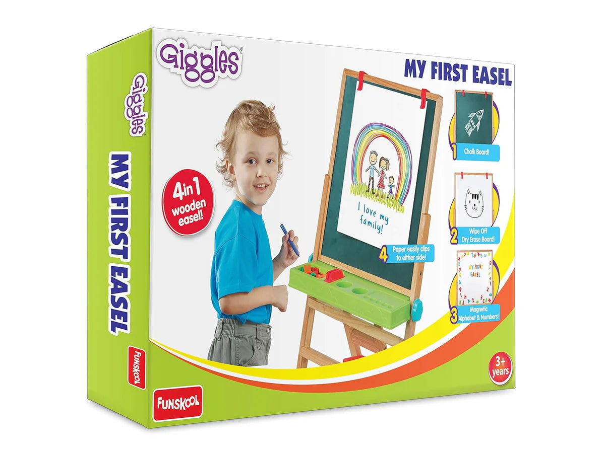 Funskool Giggles - My First Easel , Education toy for kids 3 years, Wooden and magnetic, 4 in 1 Double Sided Wooden Easel Board , Multicolour with Alphabet & Numbers , 3 Years & above , Preschool toys - Packaging May Vary