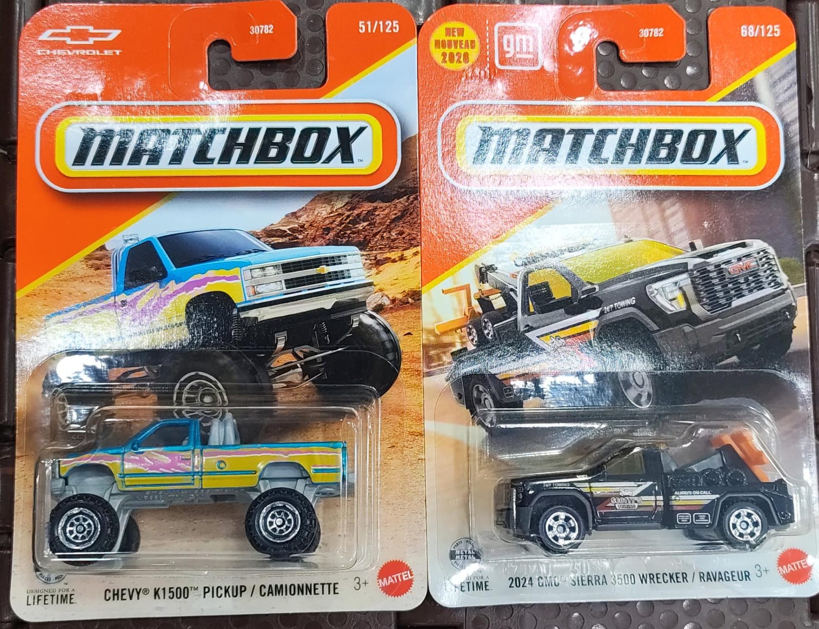 Matchbox Cars 2026 - Combo Pack of 2 Pcs - 2024 GMC Sierra 3500 wrecker & Chevy K1500 Pickup - 30782-95FG