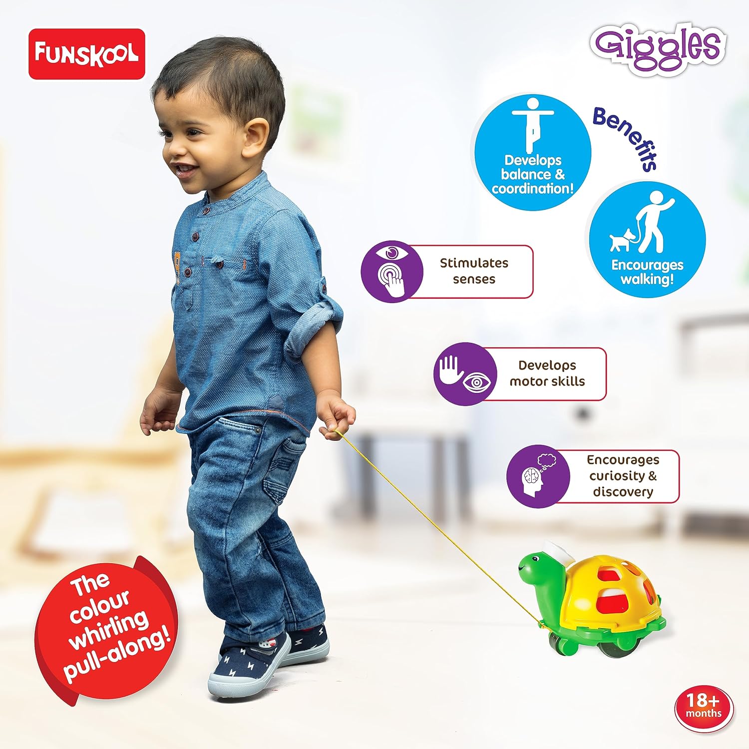 Funskool Giggles - Twirlly Whirlly Turtle, Pull String Toy, Turtle Toy, Toys for Kids