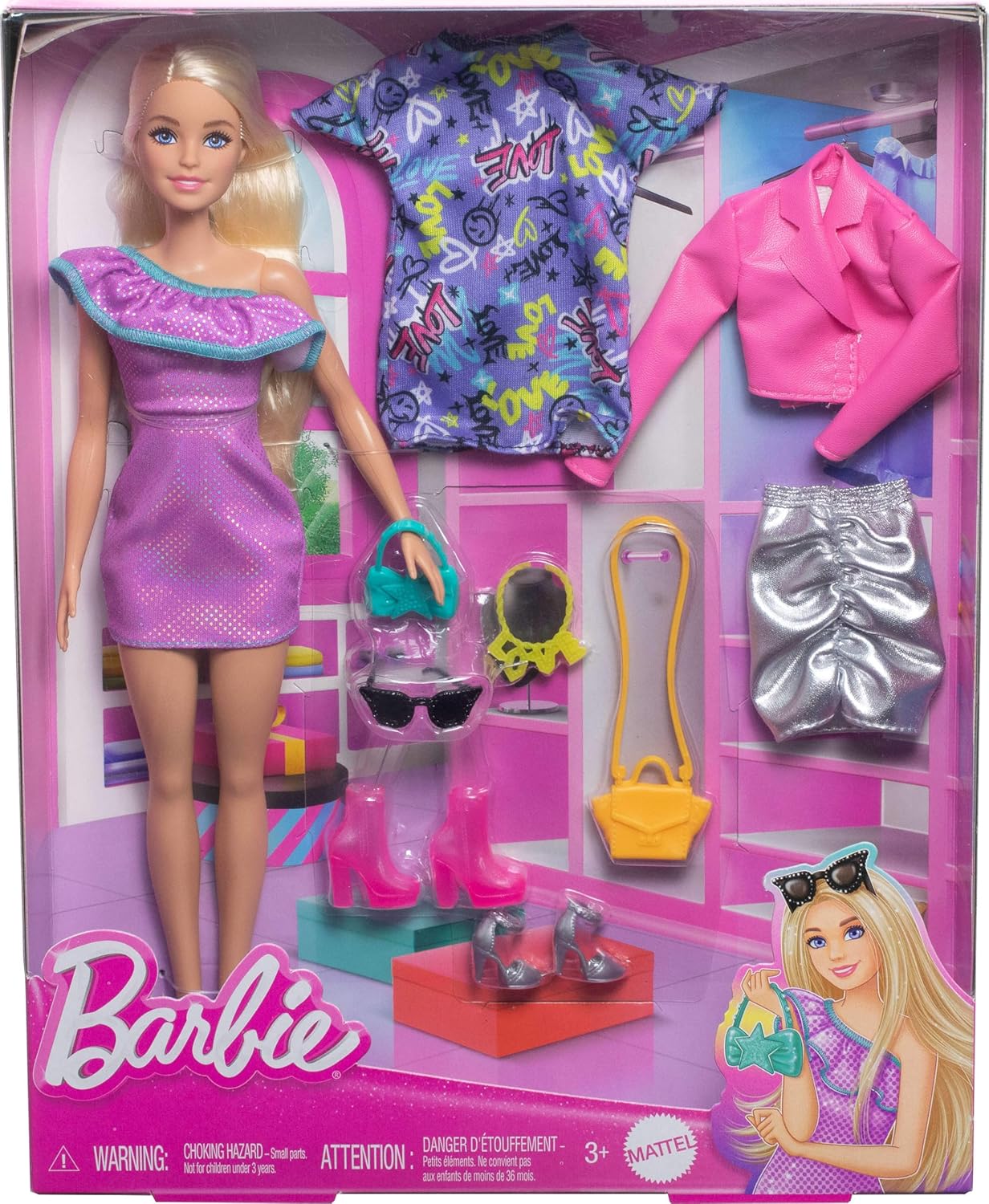 Mattel Barbie Doll with Clothes and Accessories, Blond Hair and 3 Party-Themed Mix-and-Match Outfits Including Dresses, Purses and Heels