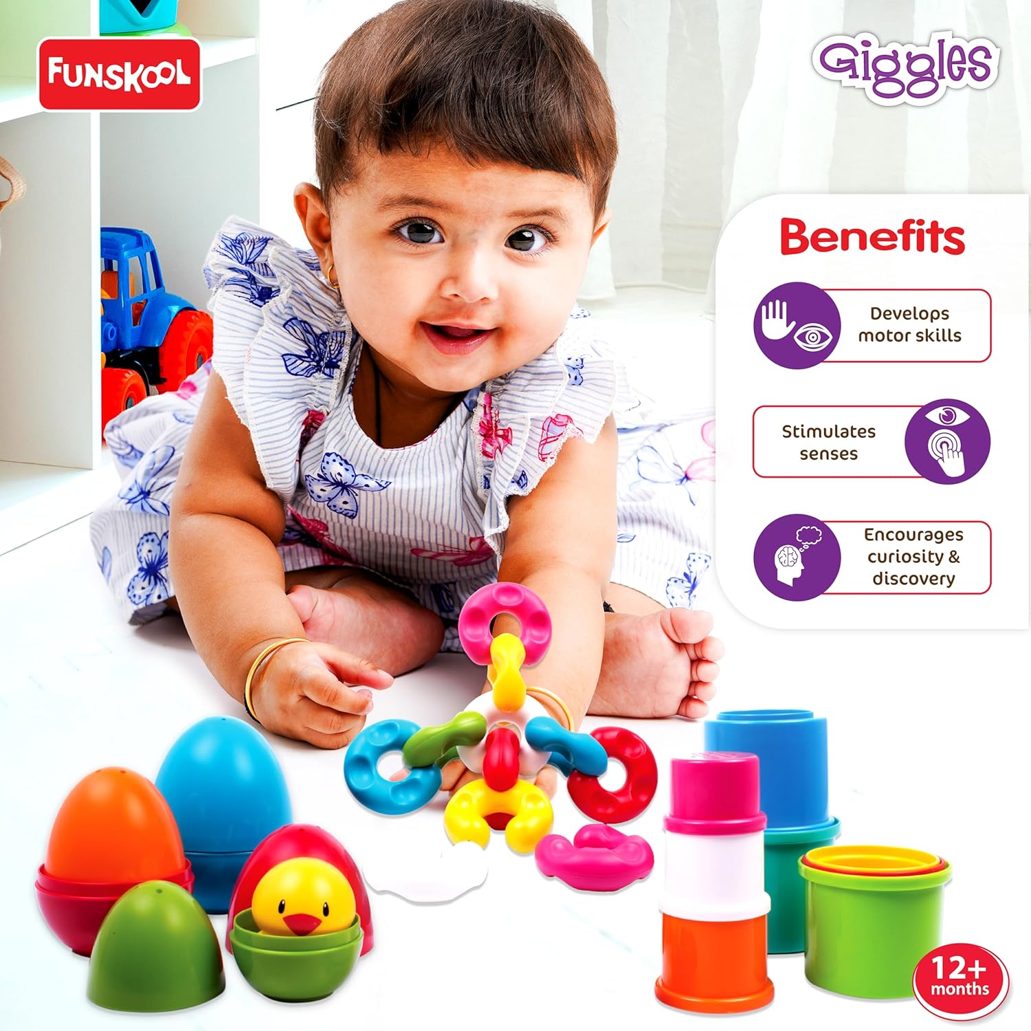 Giggles Funskool - Link Stack N Nest Toy Set, Blocks, Nesting Toy for Kids, Multicolour 3 in 1 Gift Set, Develops Motor Skills, 6 Months & Above, Infant and Preschool Toys