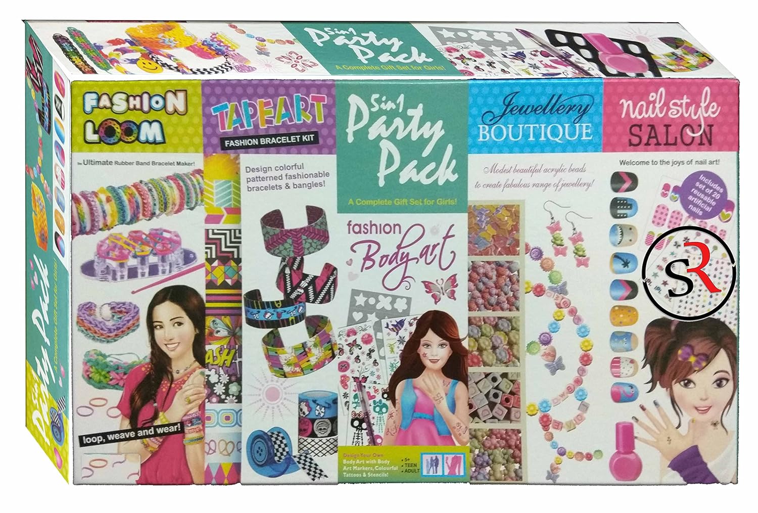 Ekta 5 in 1 Party Pack - A Complete Gift Set for Girls! Buy Online with Rubber Bands and Patterned Bracelet Maker, Fashion Bodyart, Jewellery Boutique and Nail Style Salon