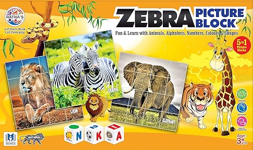 RATNA'S 5 in 1 Educational Zebra Animal Picture Blocks for Kids - Multicolor