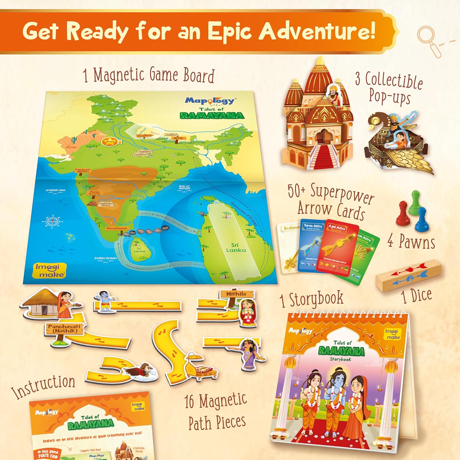 Imagimake Mapology Tales of Ramayana | 3-in-1 Fun Family Board Game | Magnetic Path Puzzle | Ramayana Storybook | Trump Cards | Gifts for Kids (Age 8-12)