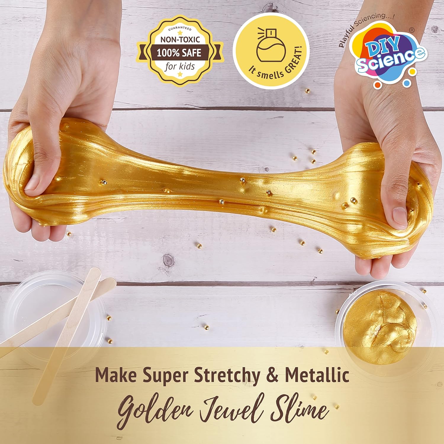 DIYScience Golden Jewel Slime Kit, Slime Making Kit, 8+ Years, Make Shiny & Stretchy Metallic Slime, Scented Slime Glitter Glue, Activator Gel, Golden Pigment, Golden Bead Toppings