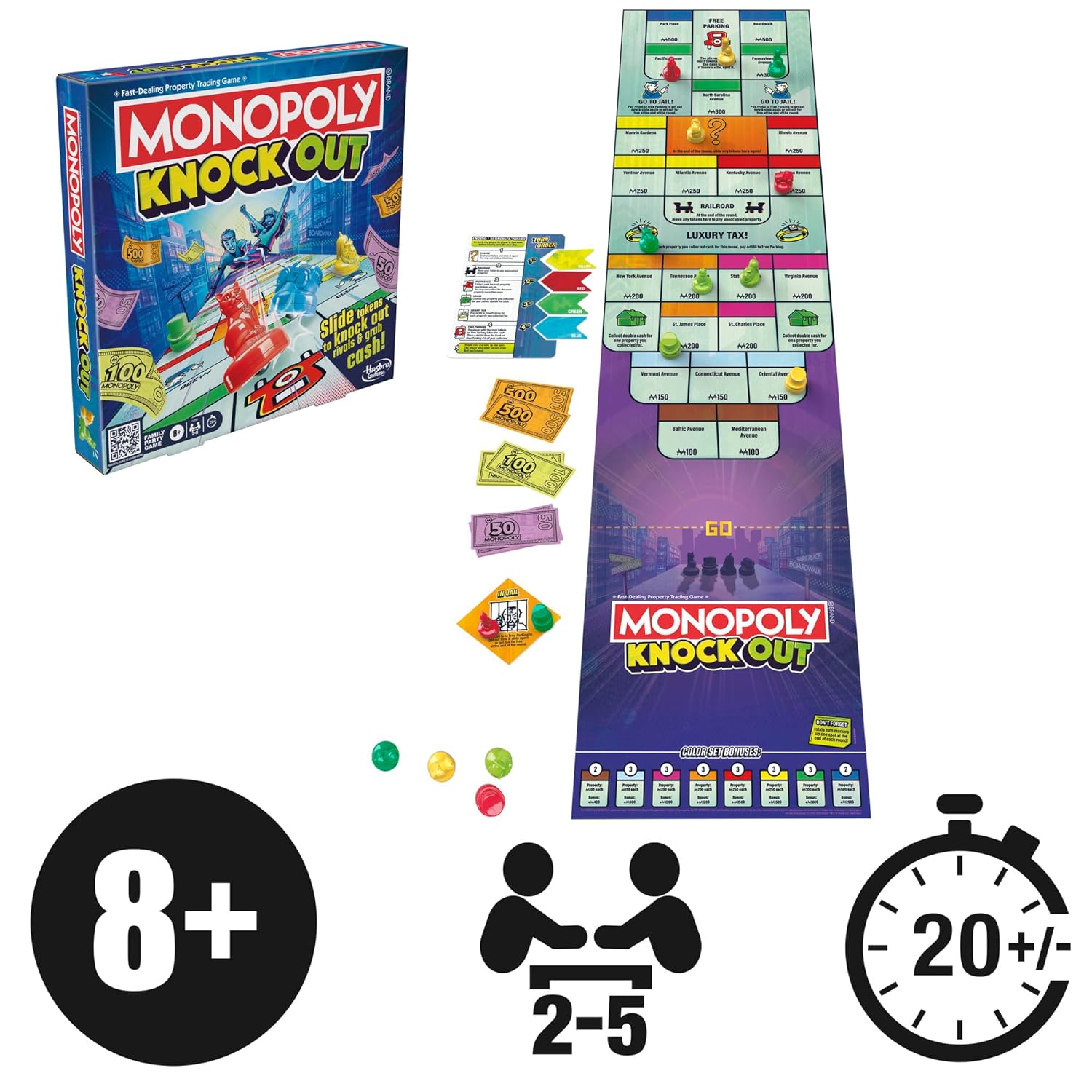 Monopoly Knockout Family Party Game for Kids, Teens, and Adults |  Quick-Playing Board Games