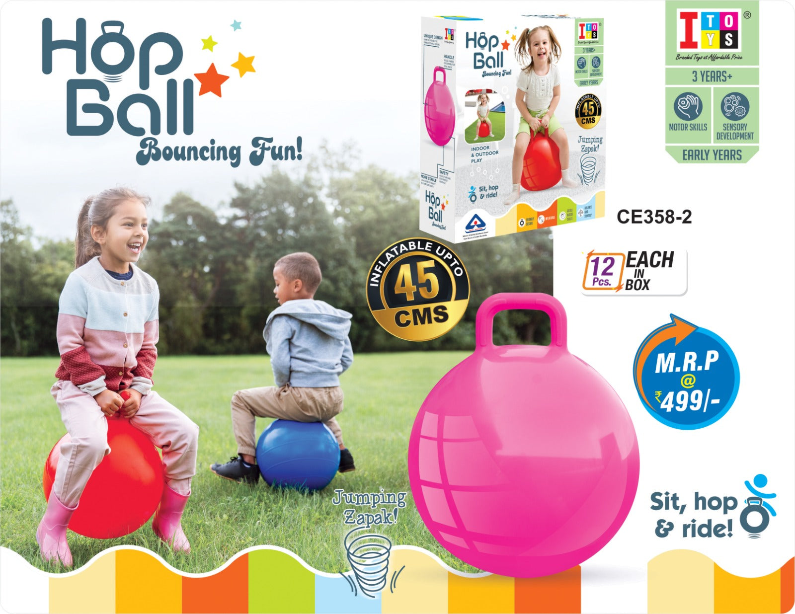 Itoys Hop Ball Bouncing Fun - Multicolor - Color & Design May Vary - Sit Hop and Ride