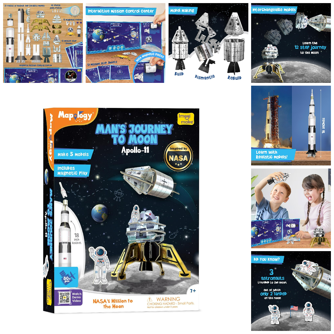 Imagimake Man's Journey to Moon | Mission Apollo 11 | Rocket & Satellite Model Making Set | Astronaut & Space Kit - Multicolor