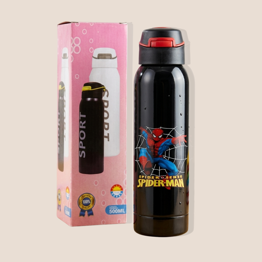 Kids Water Bottle 500ml, Stainless Steel Reusable Bottle with Cartoon Character Printed for School, Travel, Outdoor | Multicolor