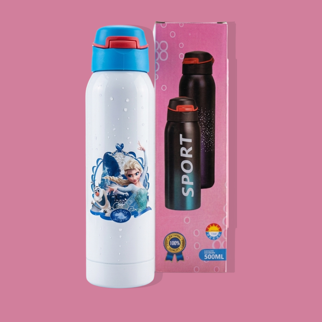 Kids Water Bottle 500ml, Stainless Steel Reusable Bottle with Cartoon Character Printed for School, Travel, Outdoor | Multicolor